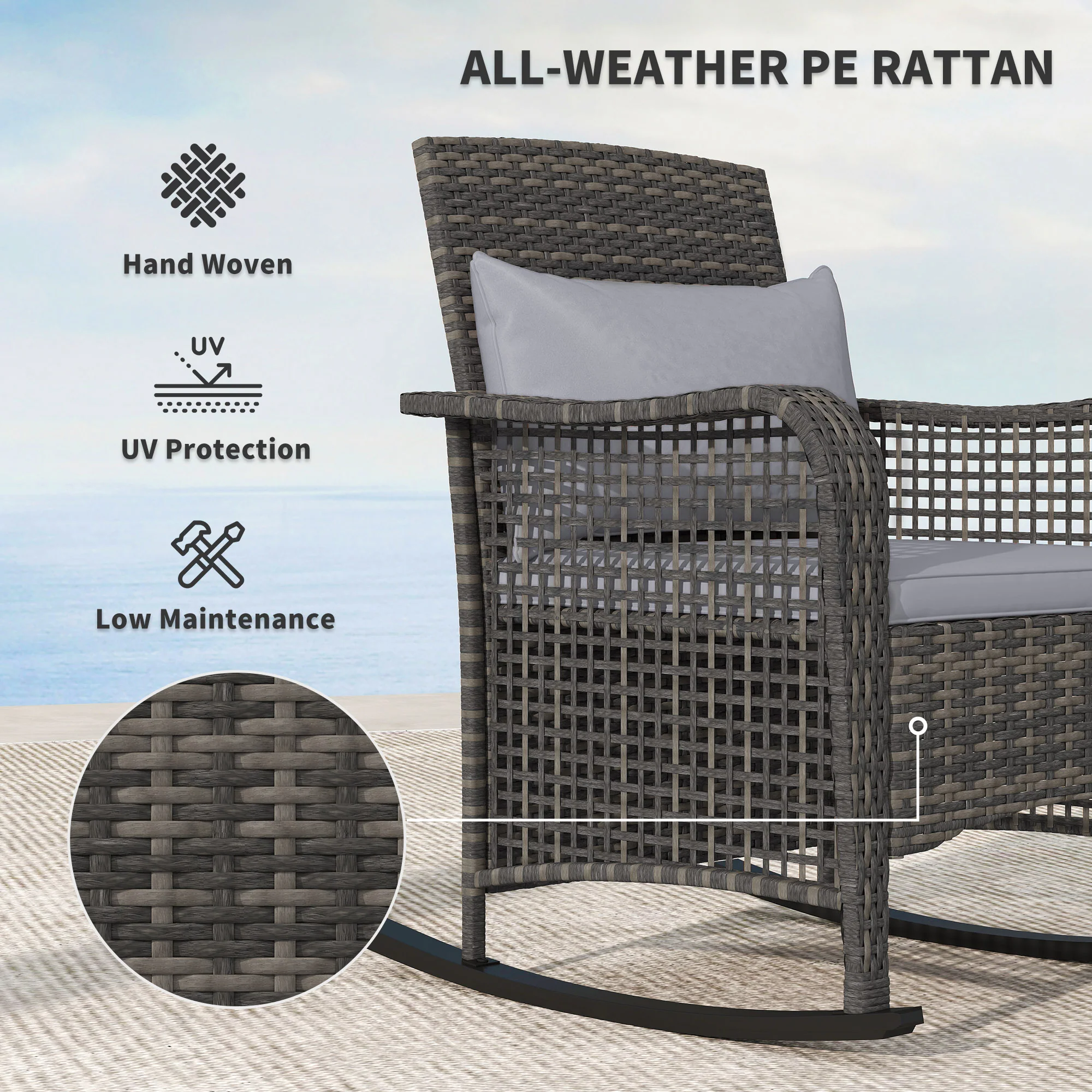 Outsunny Rattan Garden Rocking Chair w/ Seat and Back Cushions - Image 12