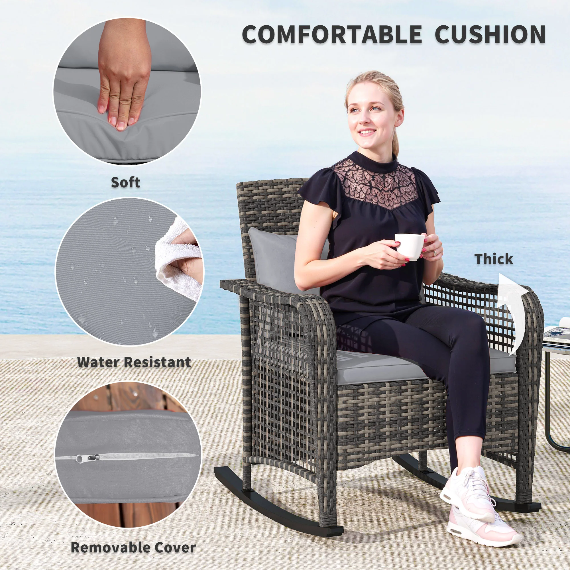 Outsunny Rattan Garden Rocking Chair w/ Seat and Back Cushions - Image 13