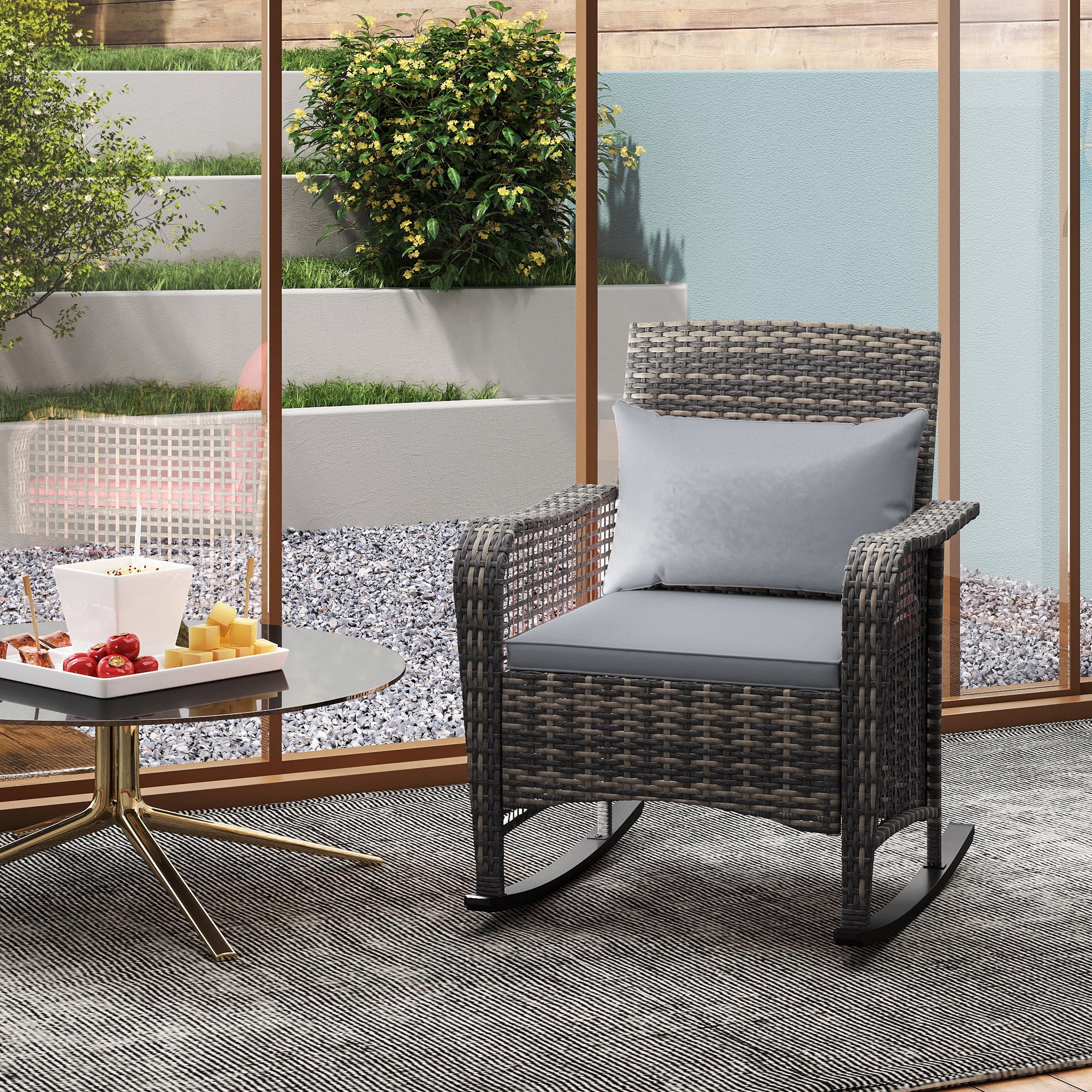 Outsunny Rattan Garden Rocking Chair w/ Seat and Back Cushions - Image 17