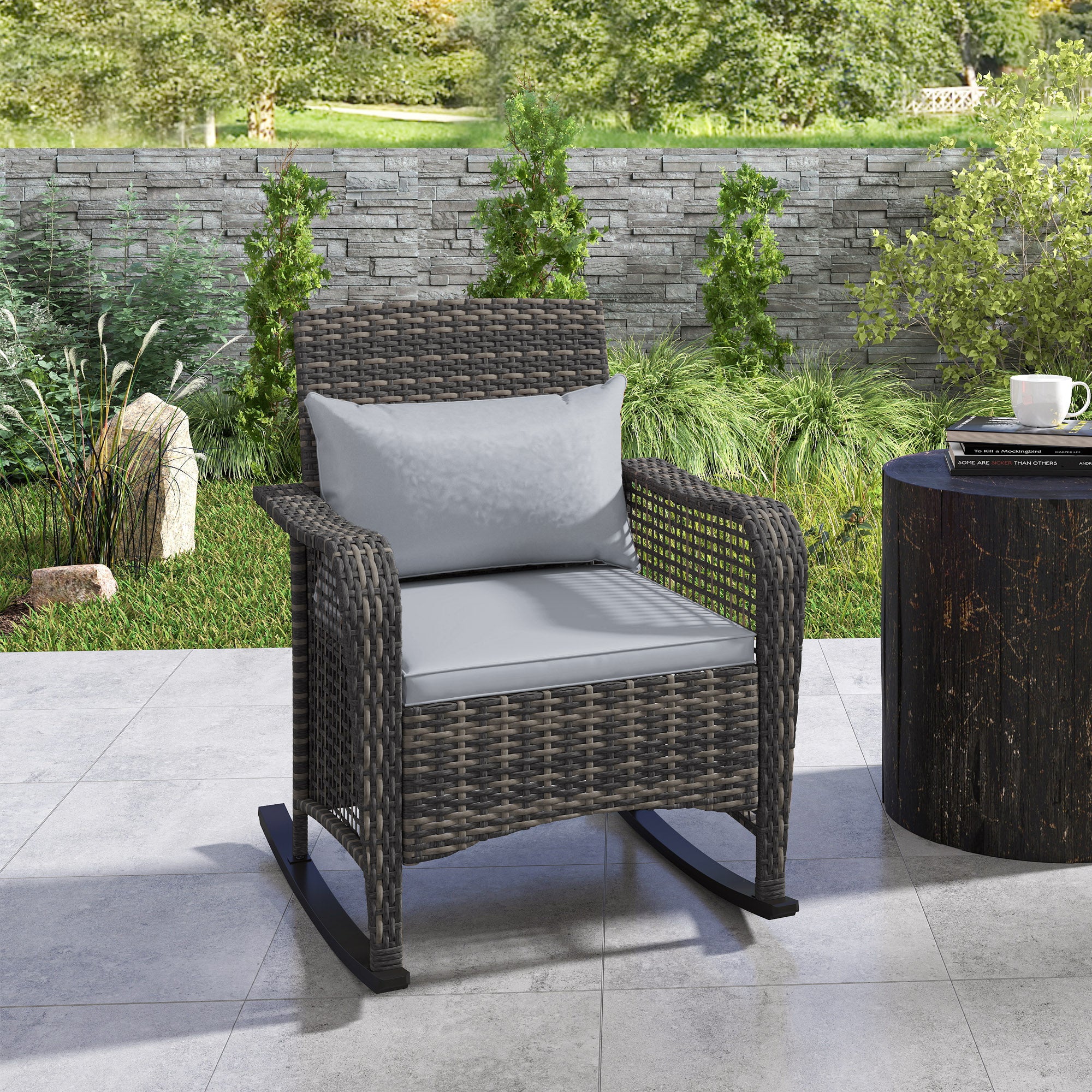 Outsunny Rattan Garden Rocking Chair w/ Seat and Back Cushions - Image 18