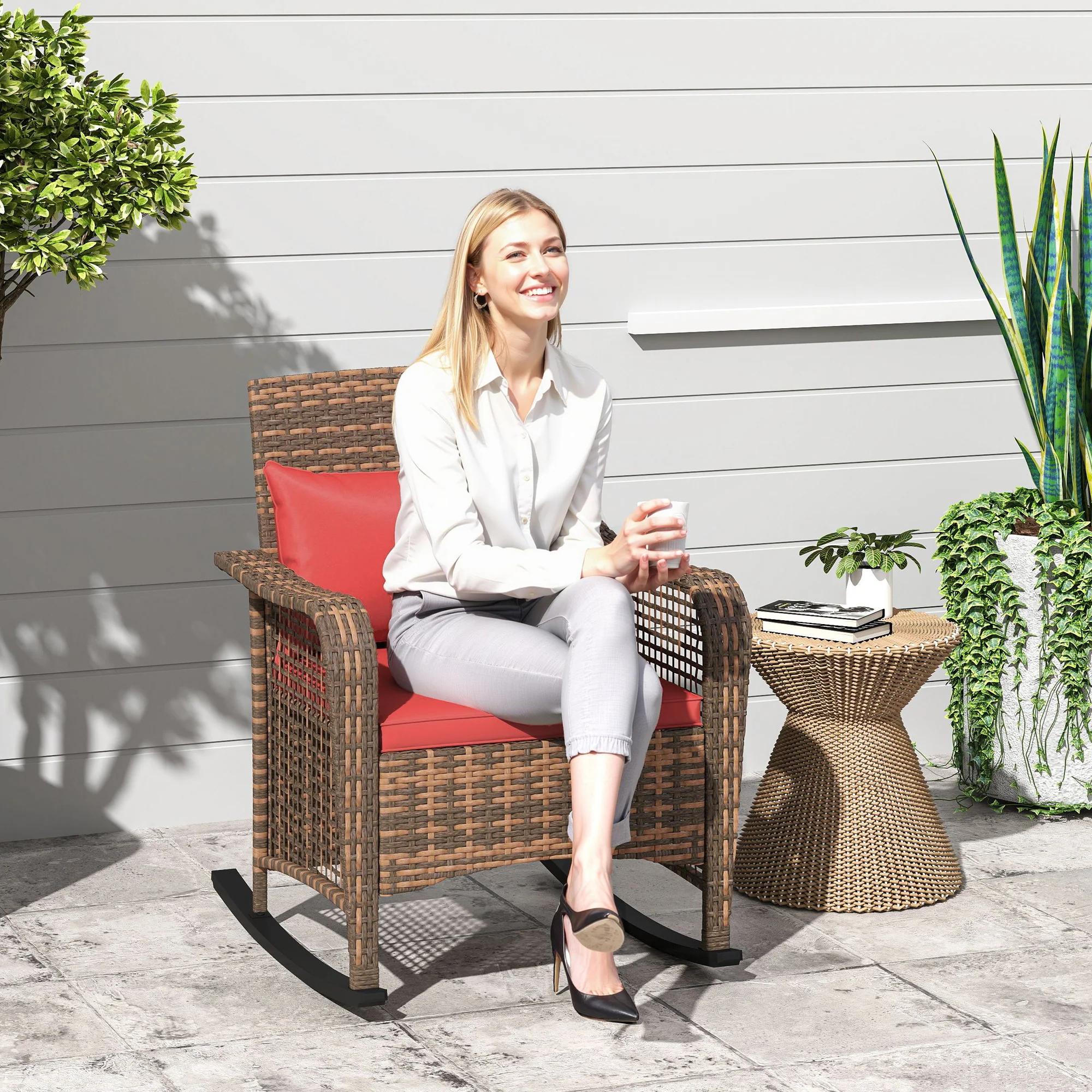 Outsunny Rattan Garden Rocking Chair w/ Seat and Back Cushions - Image 2