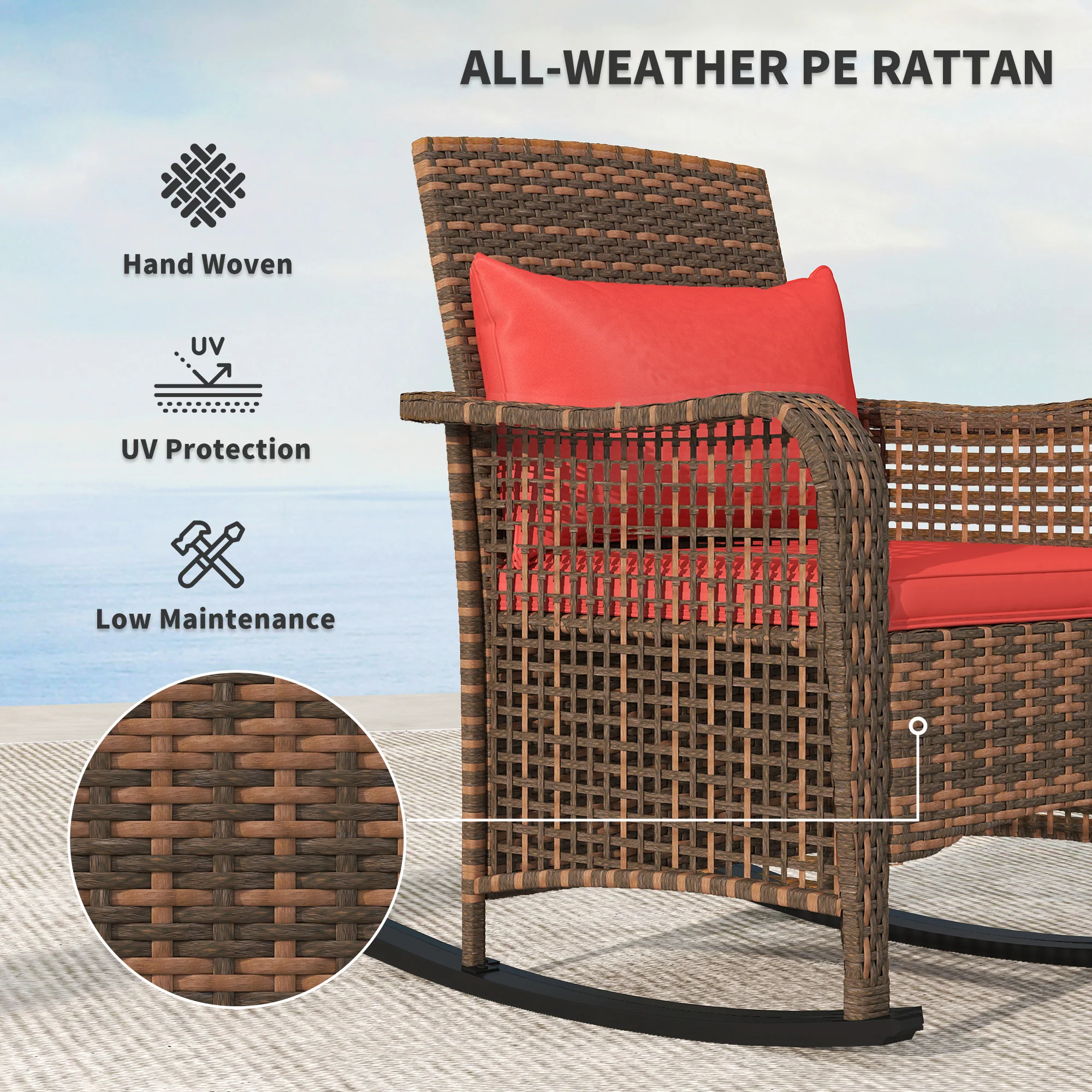 Outsunny Rattan Garden Rocking Chair w/ Seat and Back Cushions - Image 3