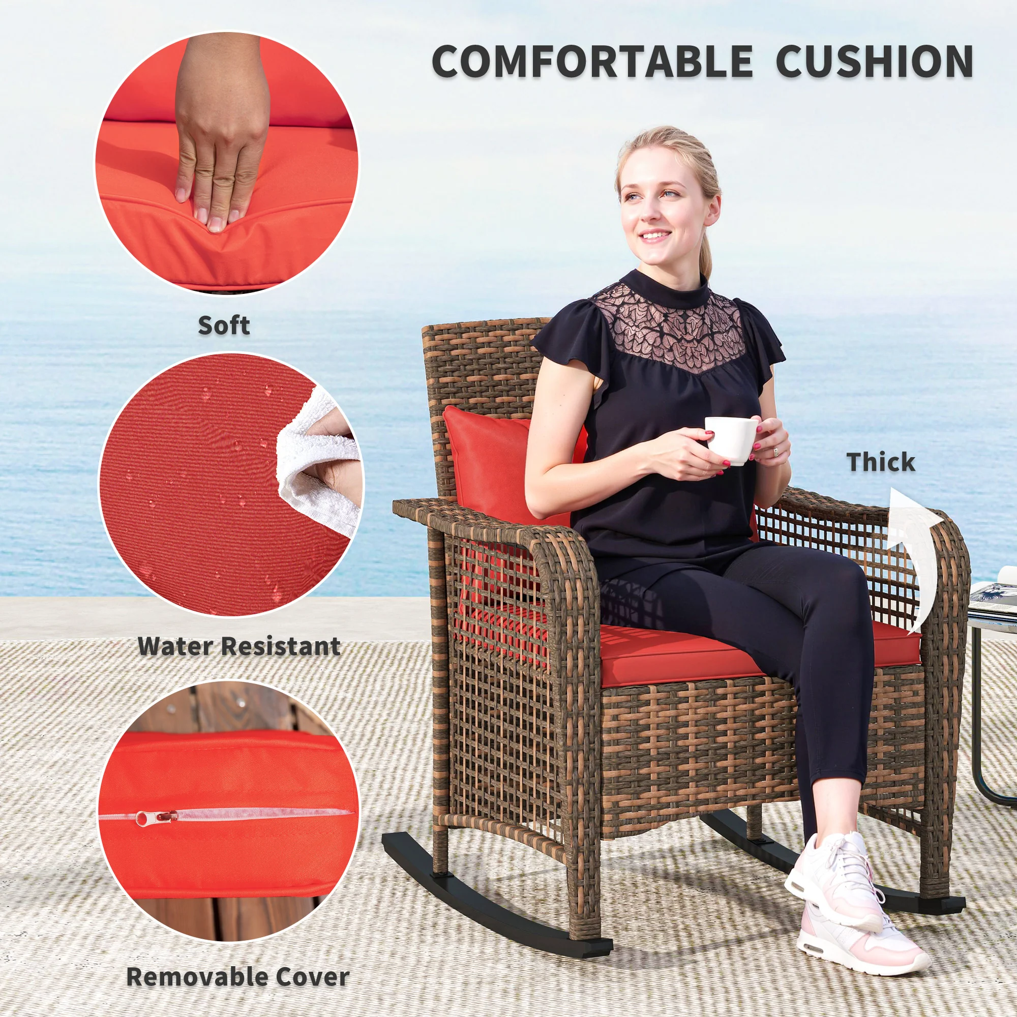 Outsunny Rattan Garden Rocking Chair w/ Seat and Back Cushions - Image 4