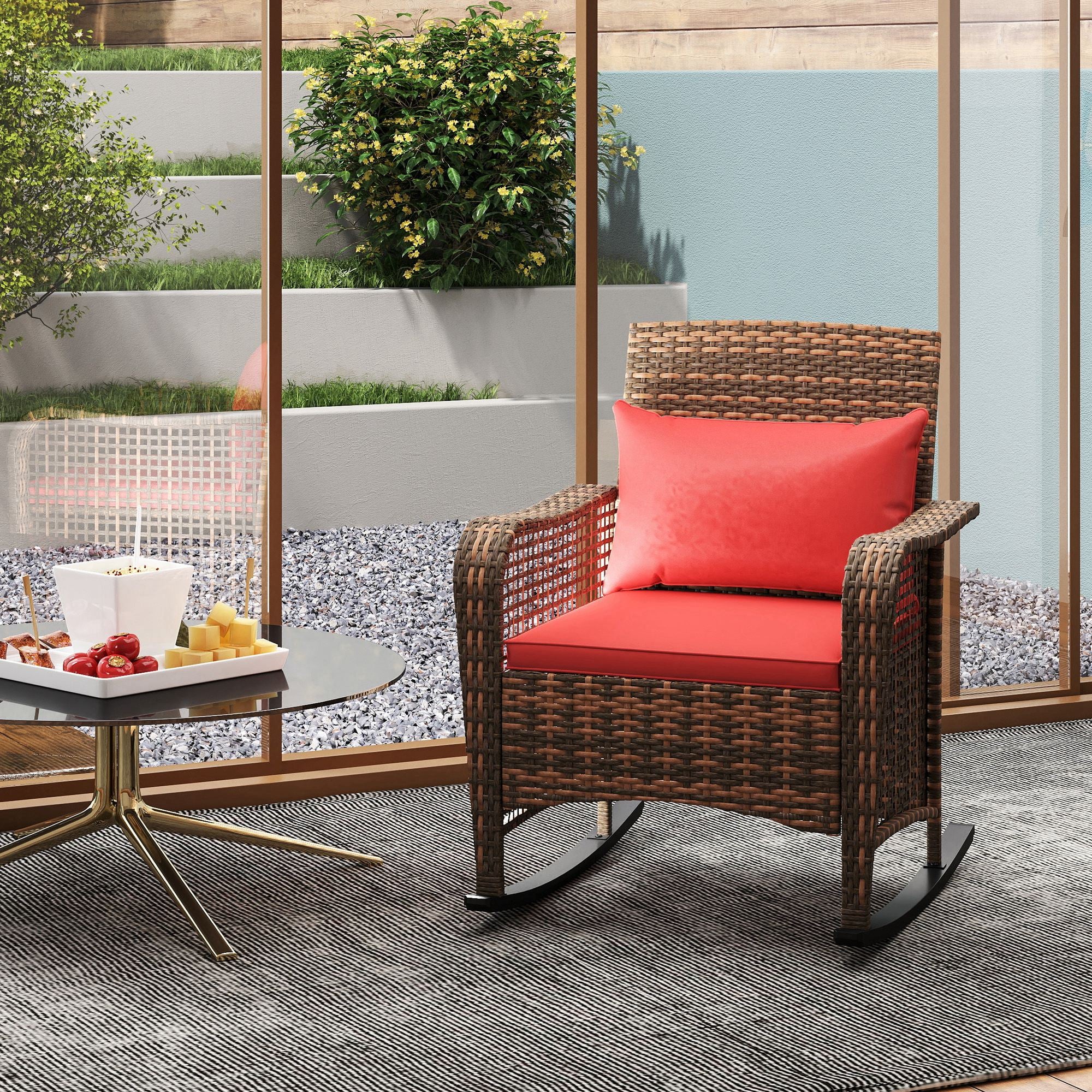 Outsunny Rattan Garden Rocking Chair w/ Seat and Back Cushions - Image 8