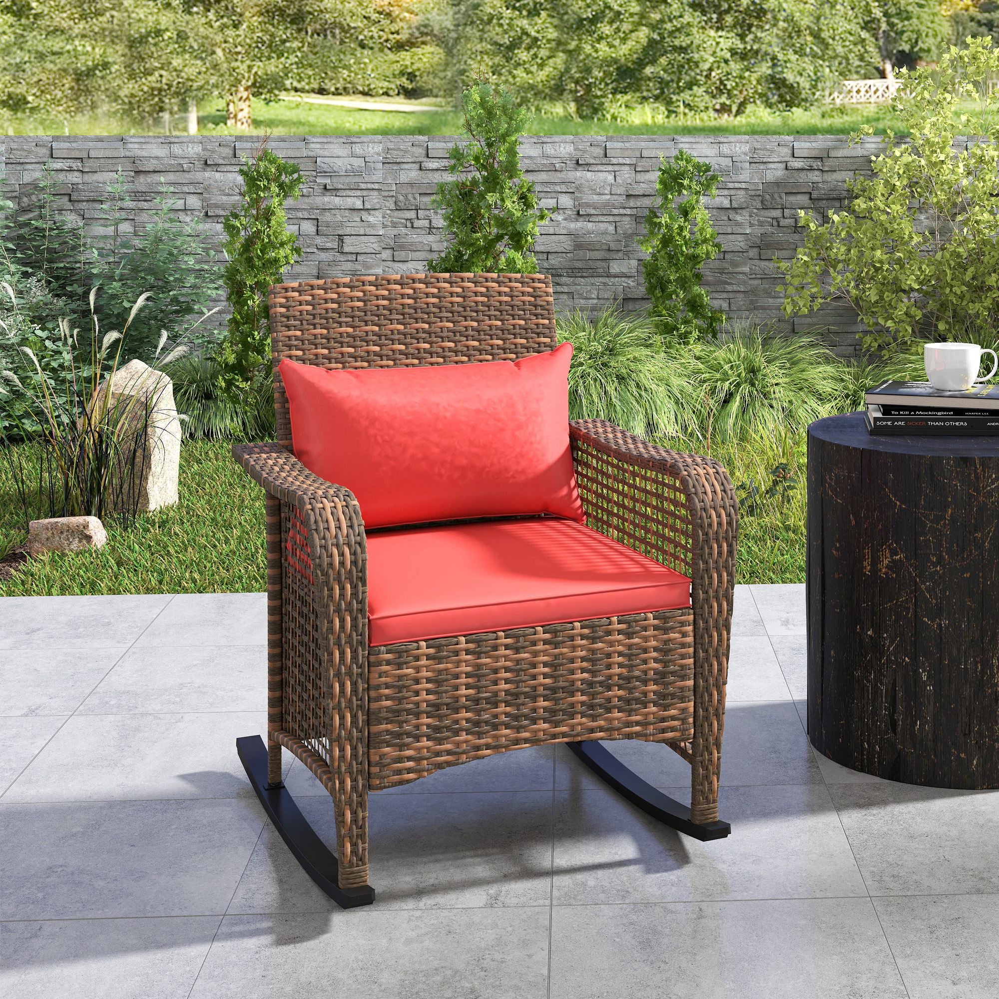 Outsunny Rattan Garden Rocking Chair w/ Seat and Back Cushions - Image 9