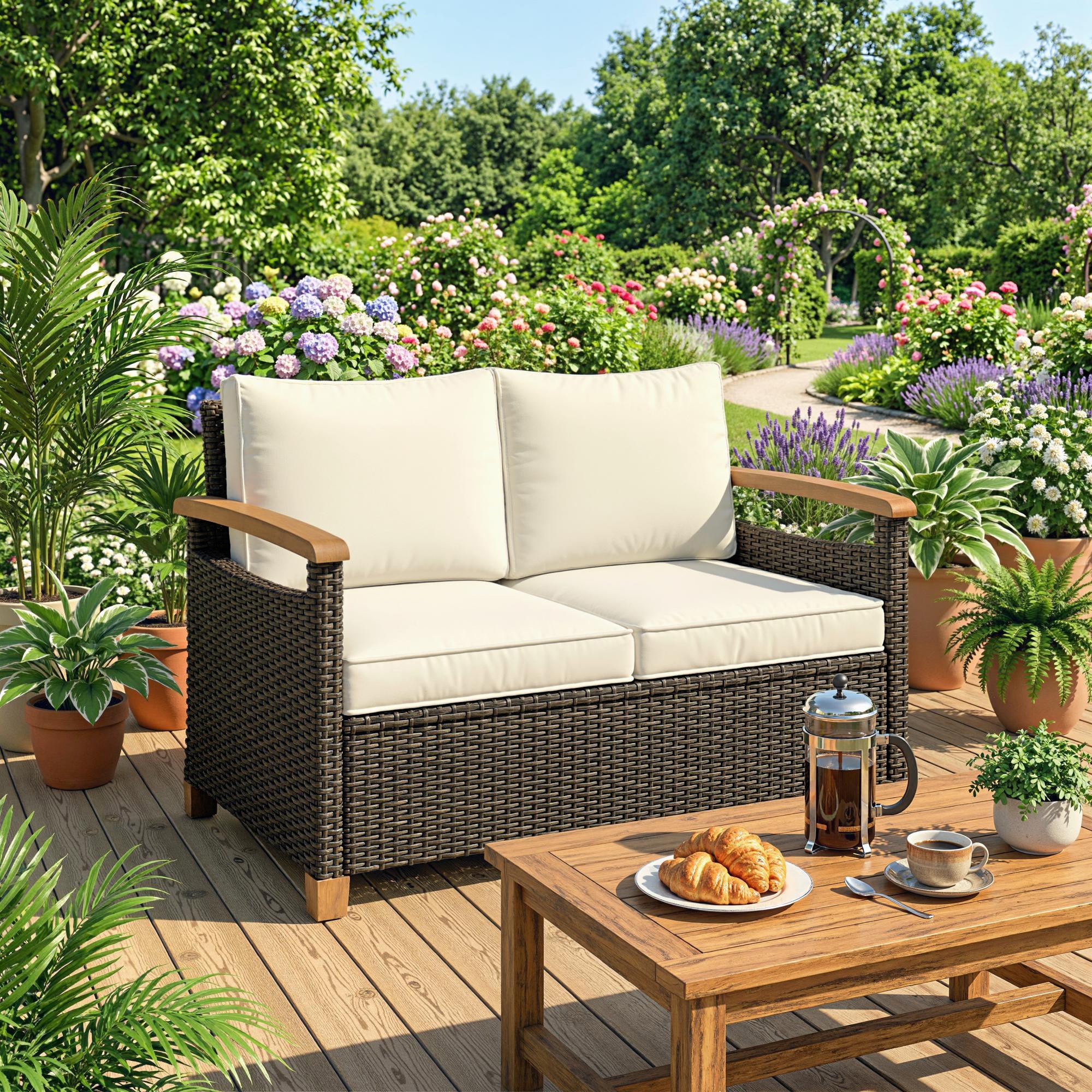 Outsunny Rattan Garden Sofa With Cushioned Wide Seats Brown - Image 11