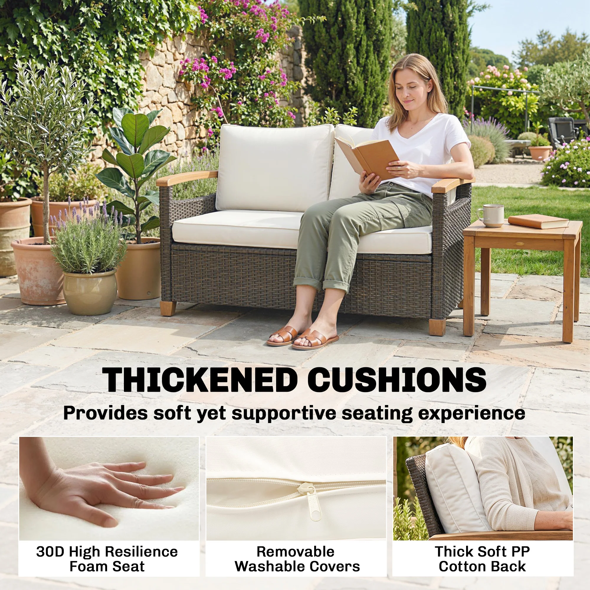 Outsunny Rattan Garden Sofa With Cushioned Wide Seats Brown - Image 12