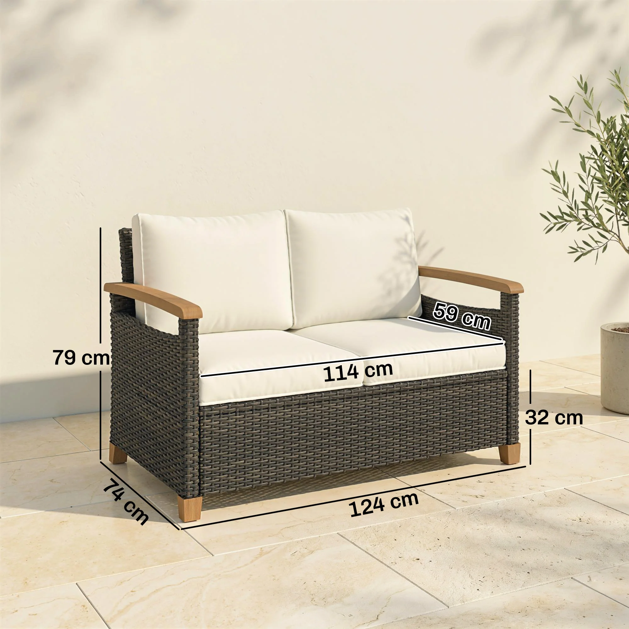 Outsunny Rattan Garden Sofa With Cushioned Wide Seats Brown - Image 14