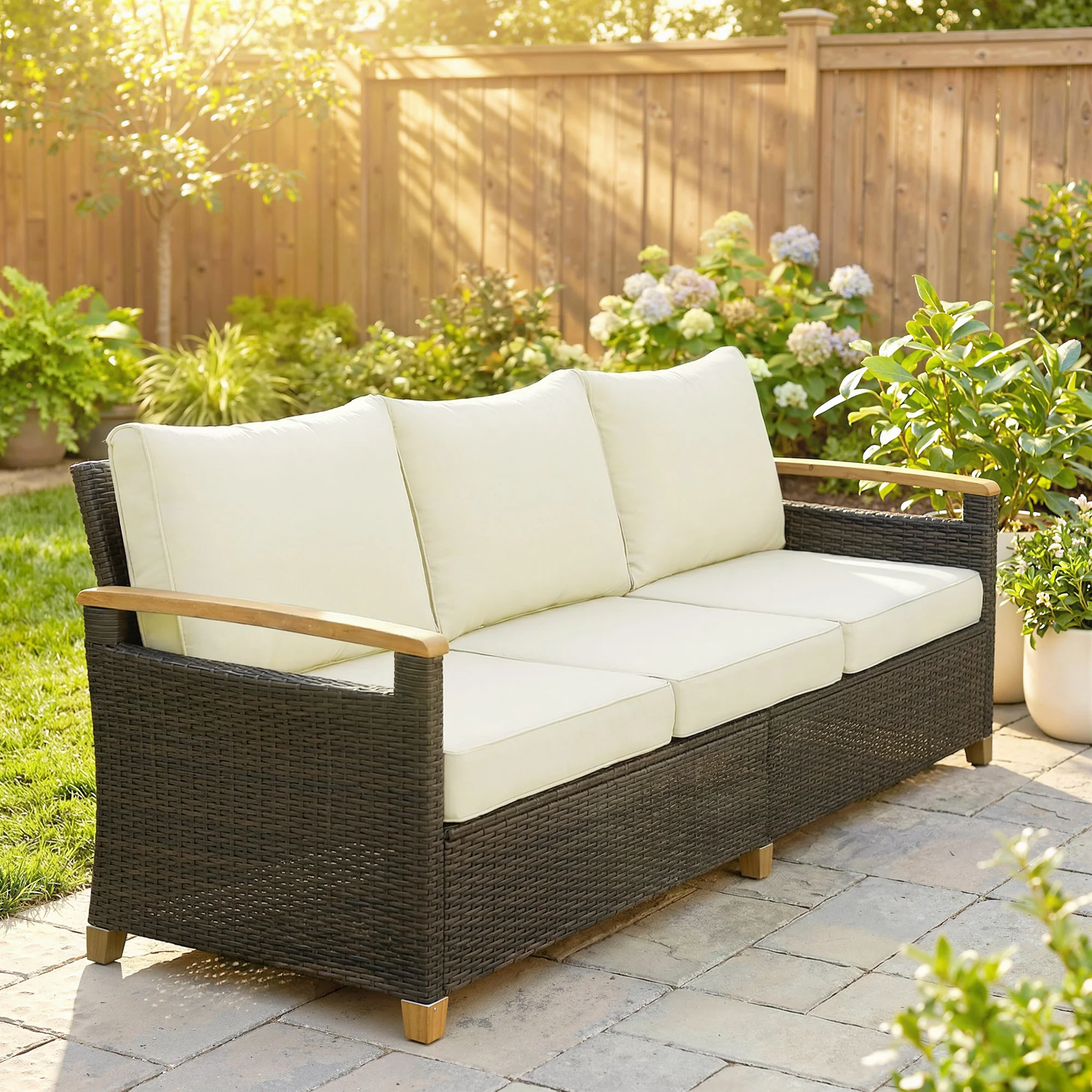 Outsunny Rattan Garden Sofa With Cushioned Wide Seats Brown - Image 2