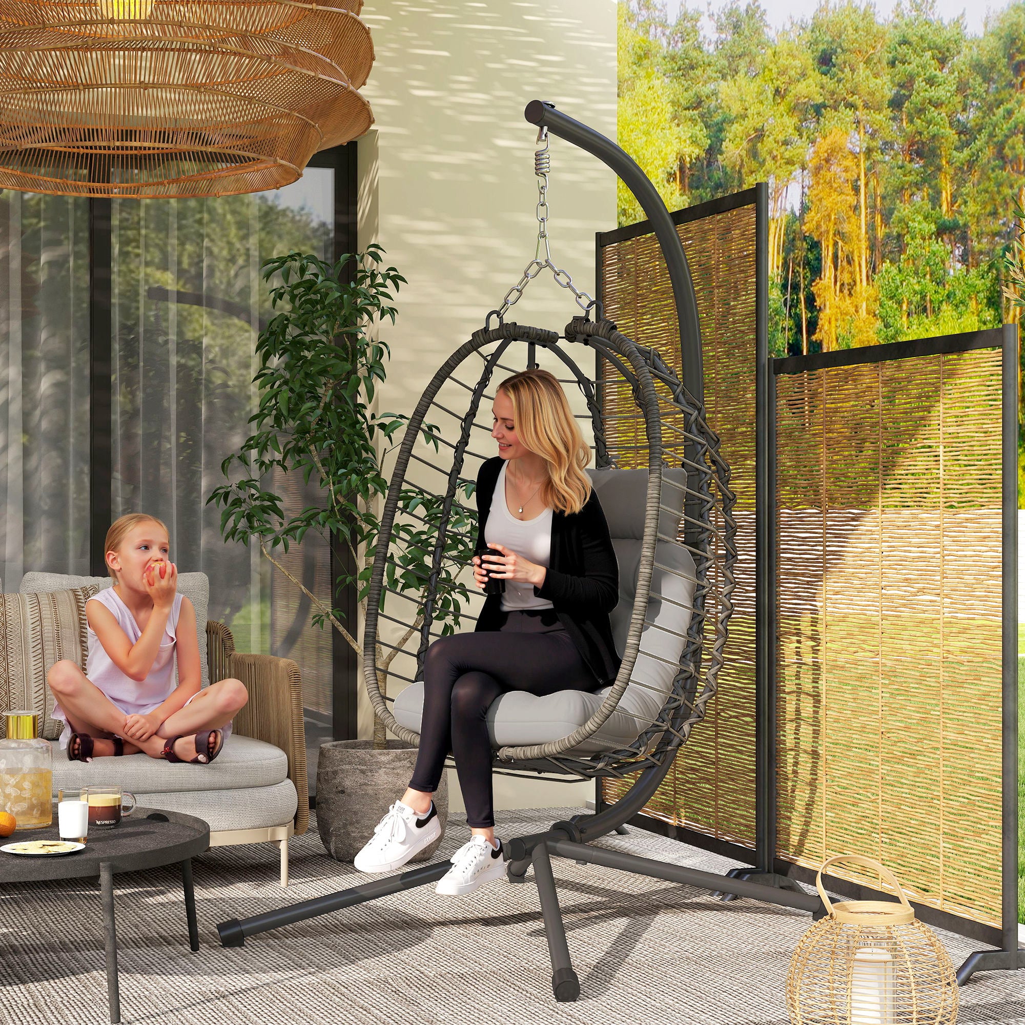 Outsunny Rattan Hanging Egg Chair w/ Stand, Cushion, Headrest - Image 11