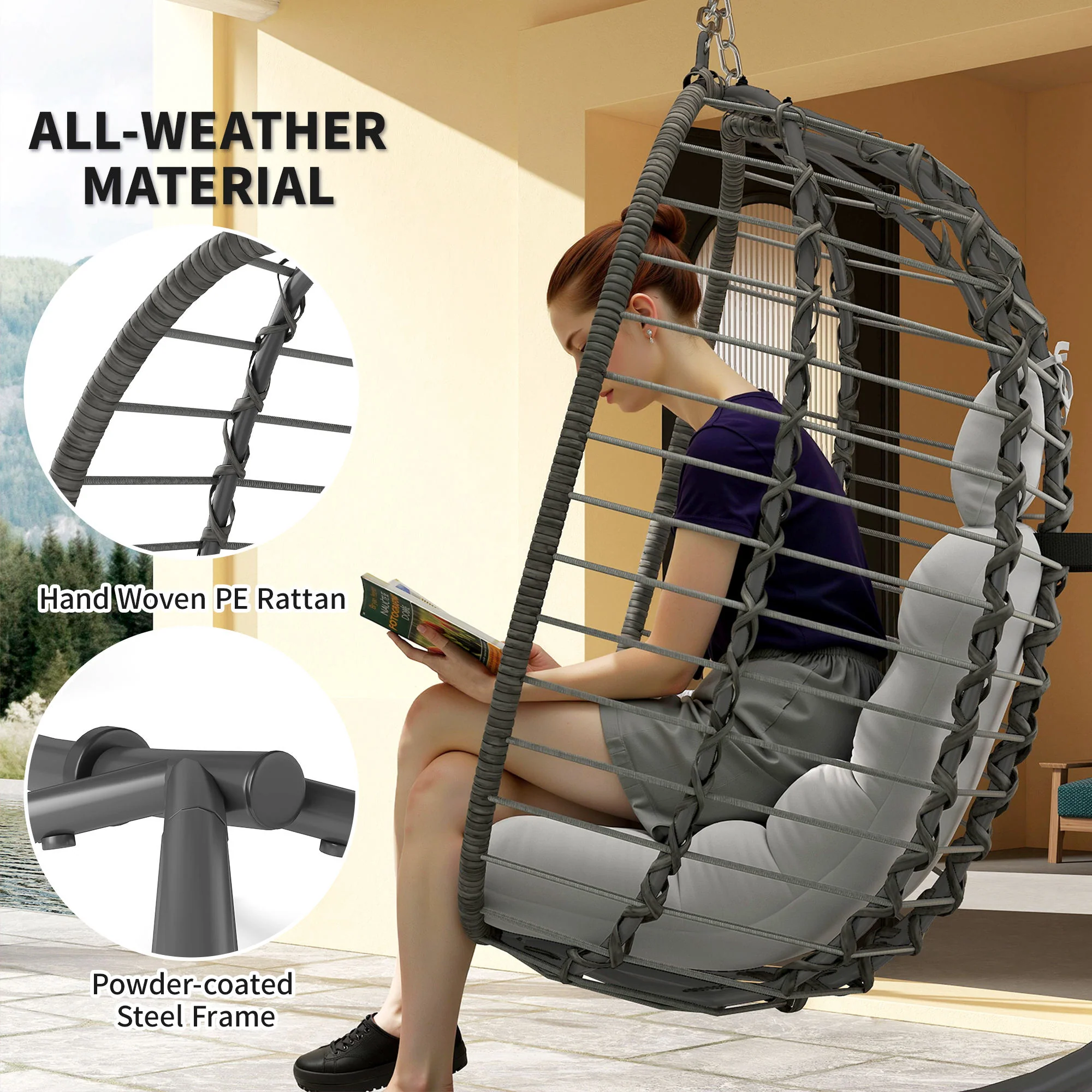 Outsunny Rattan Hanging Egg Chair w/ Stand, Cushion, Headrest - Image 12