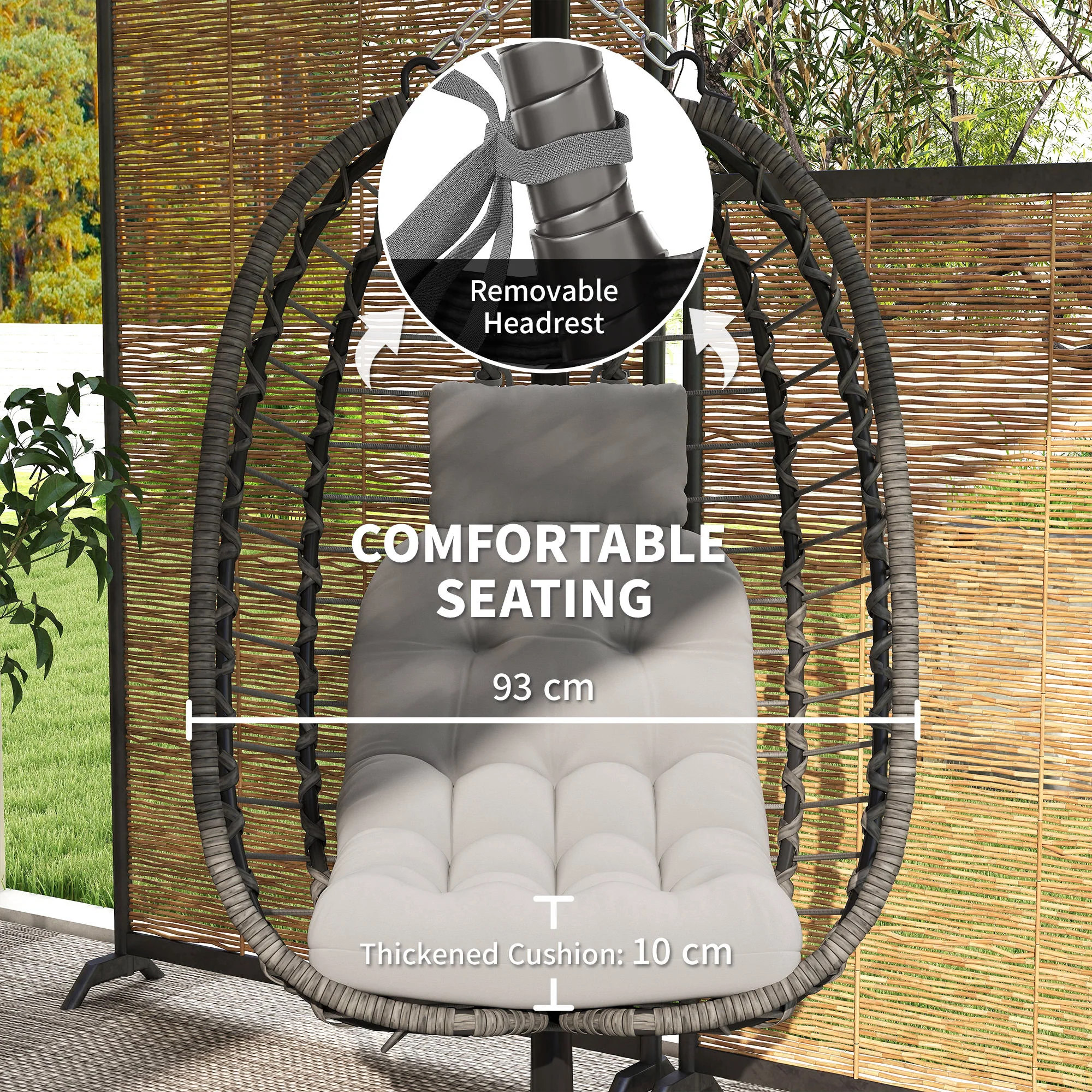 Outsunny Rattan Hanging Egg Chair w/ Stand, Cushion, Headrest - Image 13