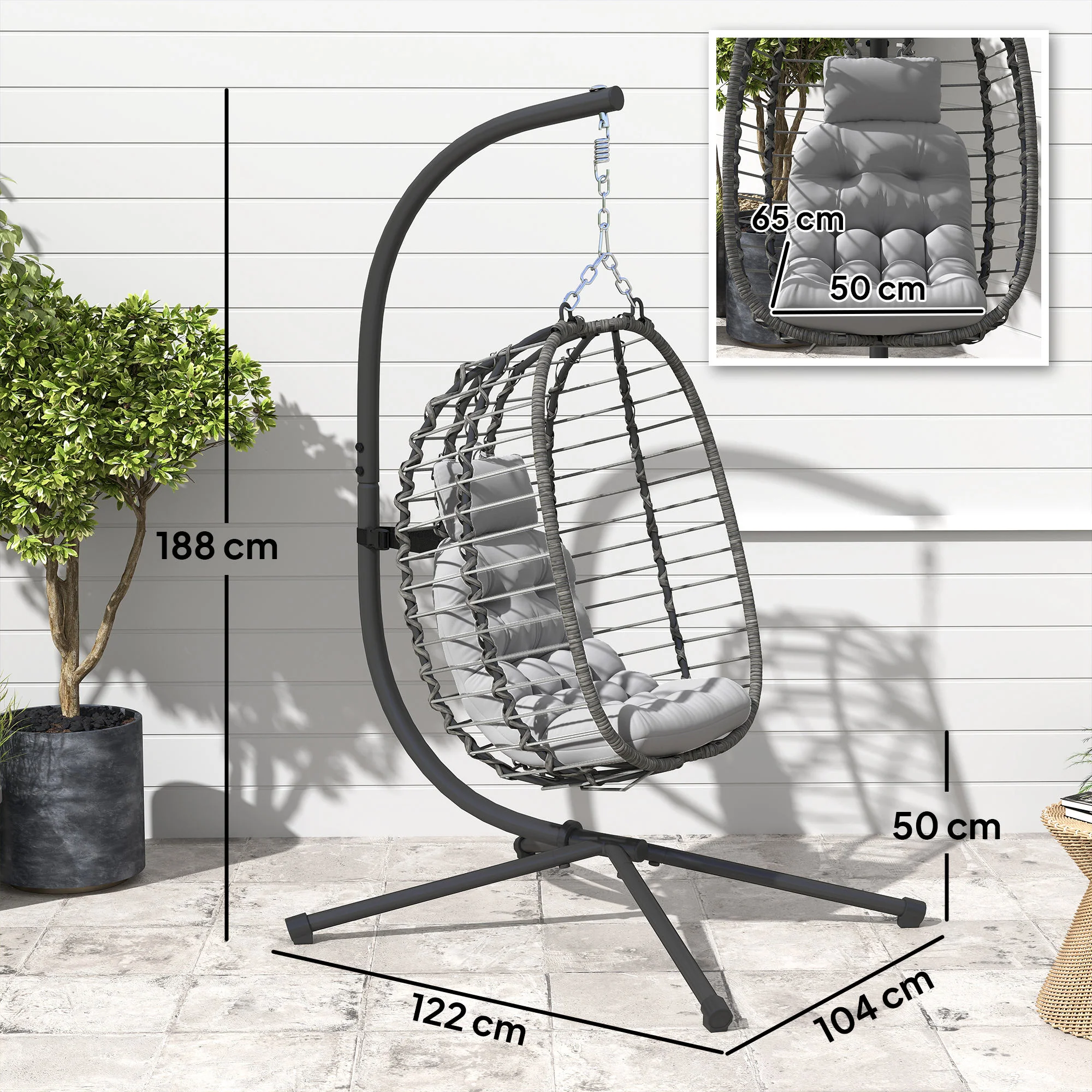 Outsunny Rattan Hanging Egg Chair w/ Stand, Cushion, Headrest - Image 14