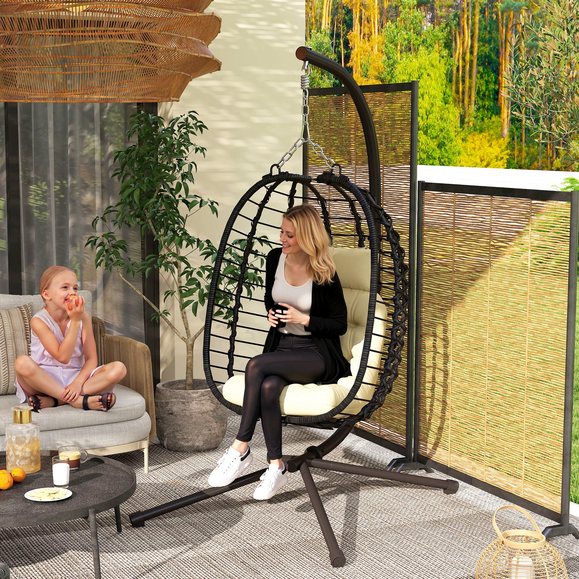 Outsunny Rattan Hanging Egg Chair w/ Stand, Cushion, Headrest - Image 2