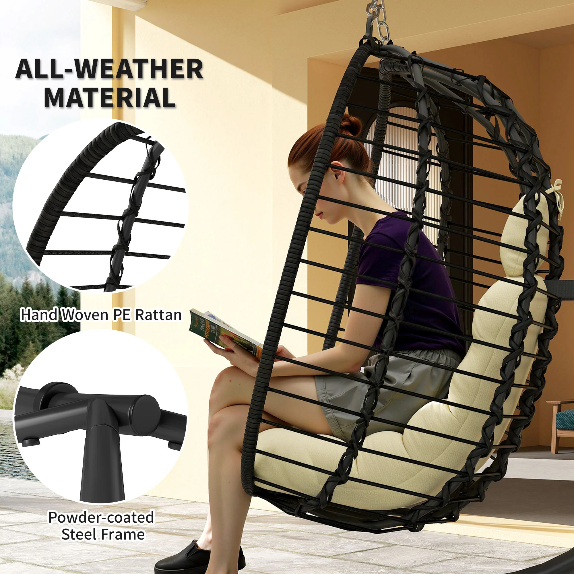 Outsunny Rattan Hanging Egg Chair w/ Stand, Cushion, Headrest - Image 3