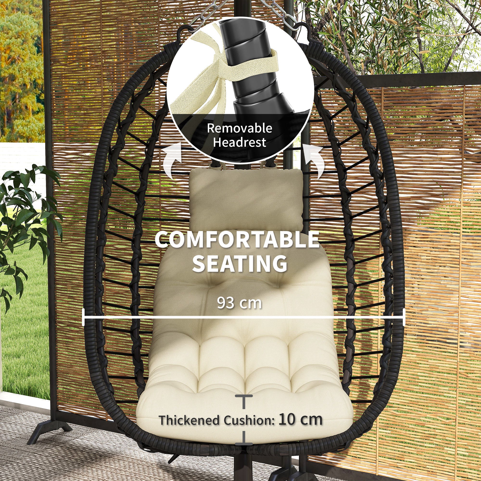 Outsunny Rattan Hanging Egg Chair w/ Stand, Cushion, Headrest - Image 4