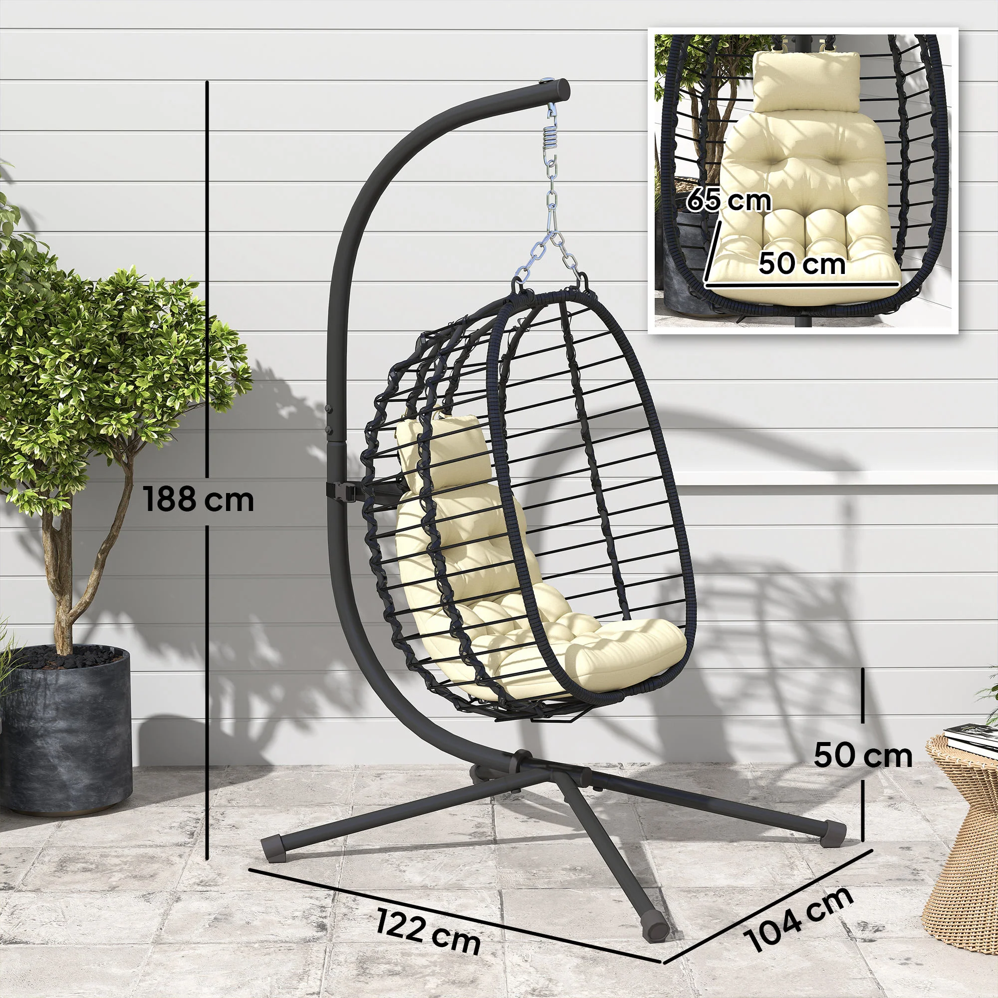 Outsunny Rattan Hanging Egg Chair w/ Stand, Cushion, Headrest - Image 5