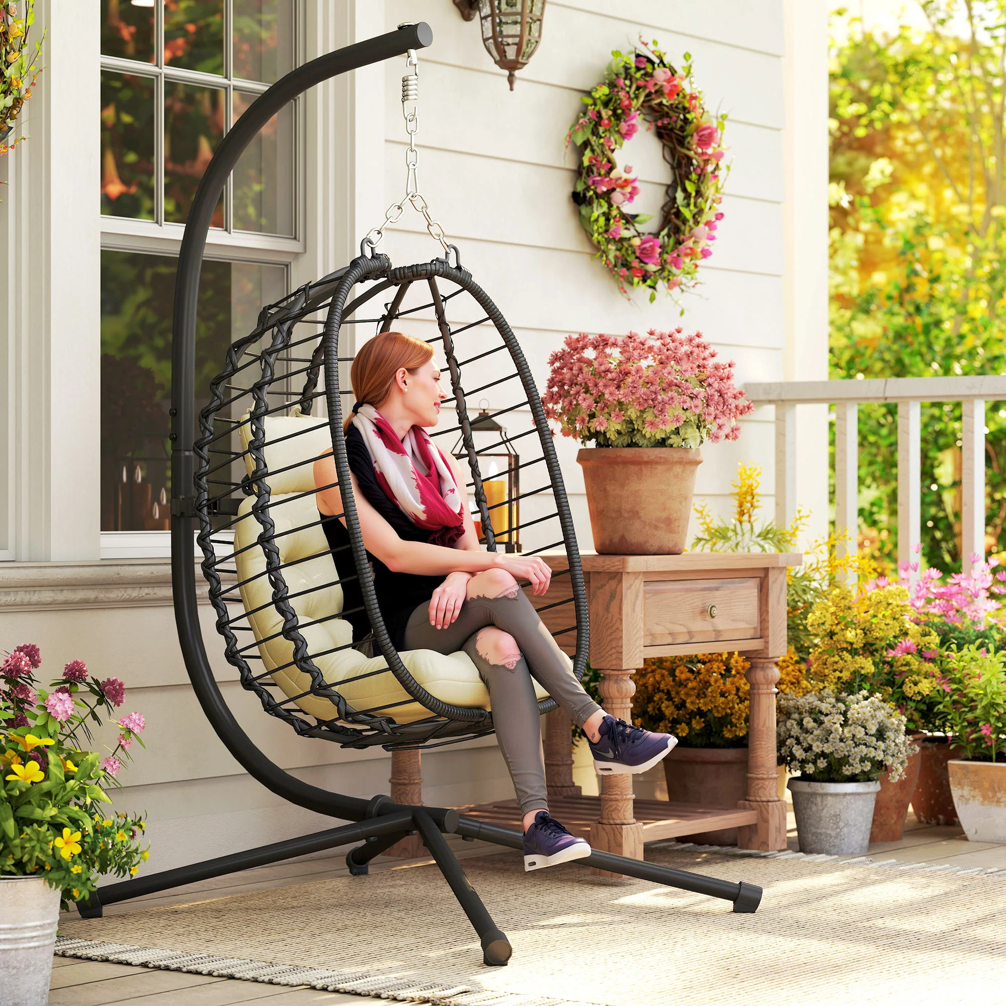 Outsunny Rattan Hanging Egg Chair w/ Stand, Cushion, Headrest - Image 9