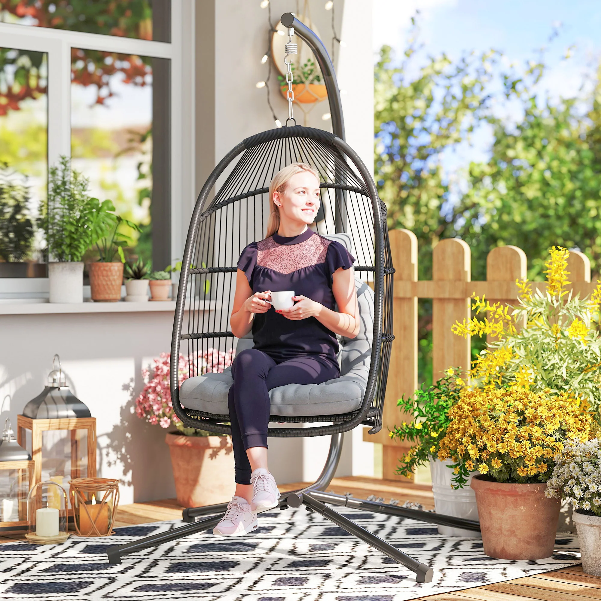 Outsunny Rattan Hanging Egg Chair with Stand, Cushion, Dark Grey - Image 2