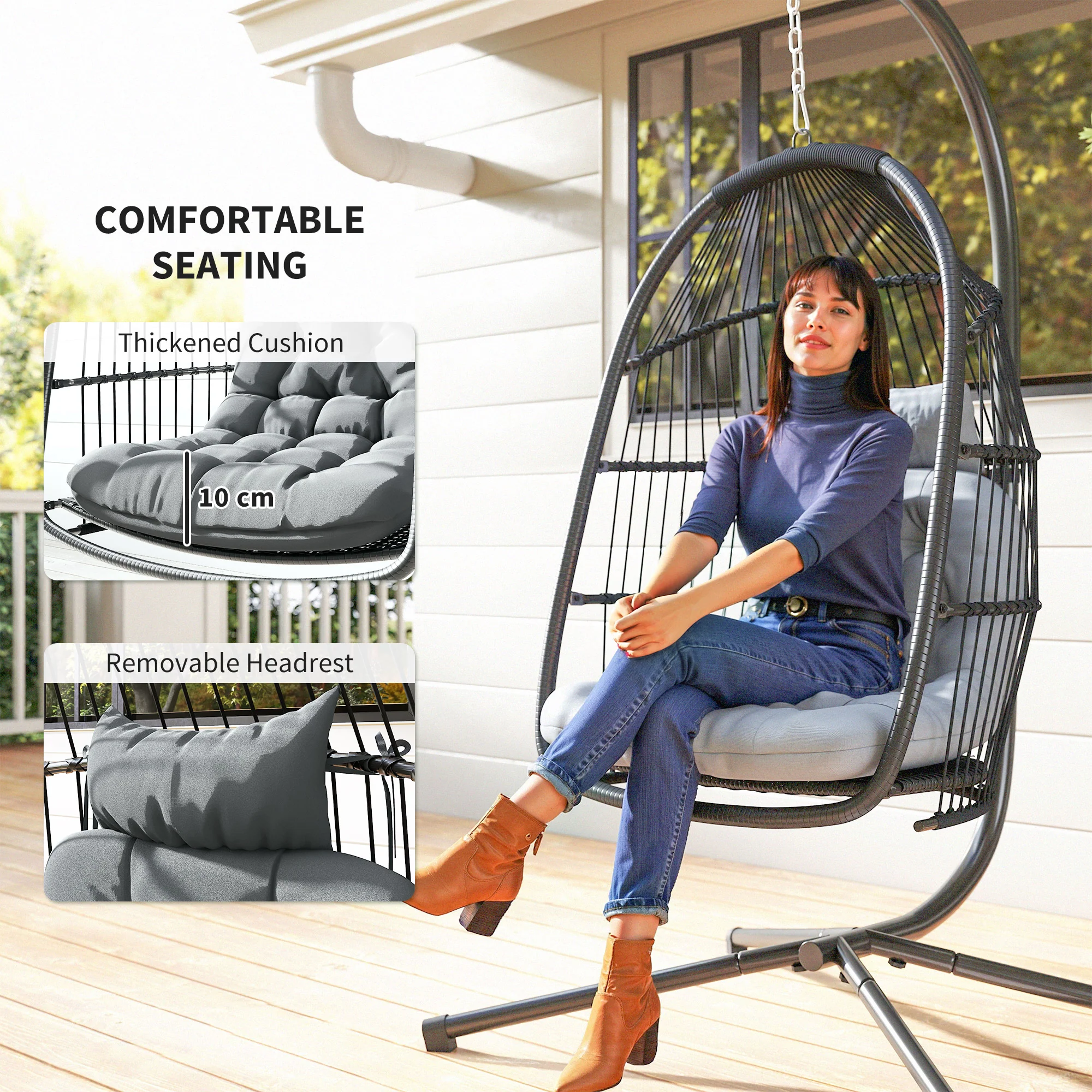 Outsunny Rattan Hanging Egg Chair with Stand, Cushion, Dark Grey - Image 3