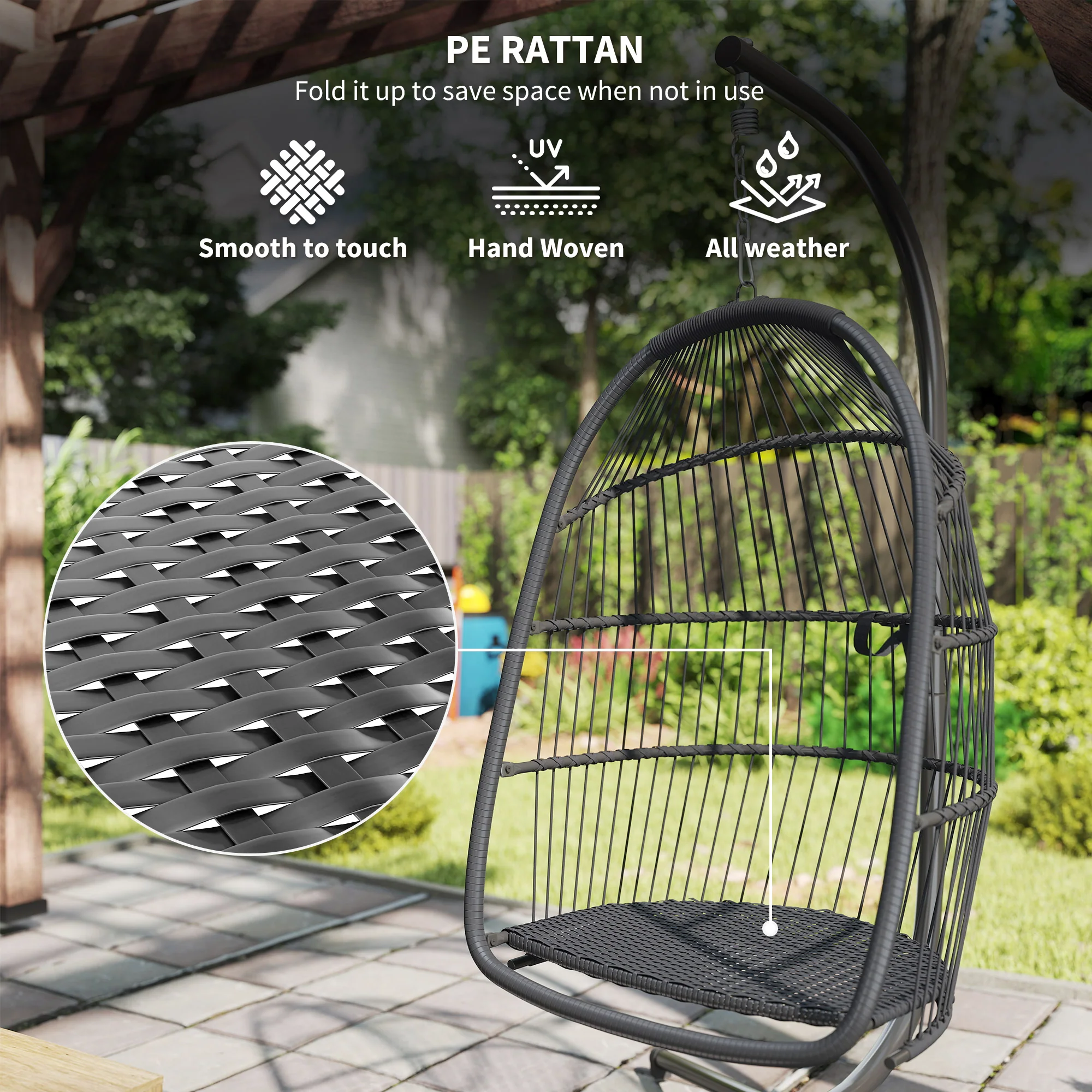 Outsunny Rattan Hanging Egg Chair with Stand, Cushion, Dark Grey - Image 4