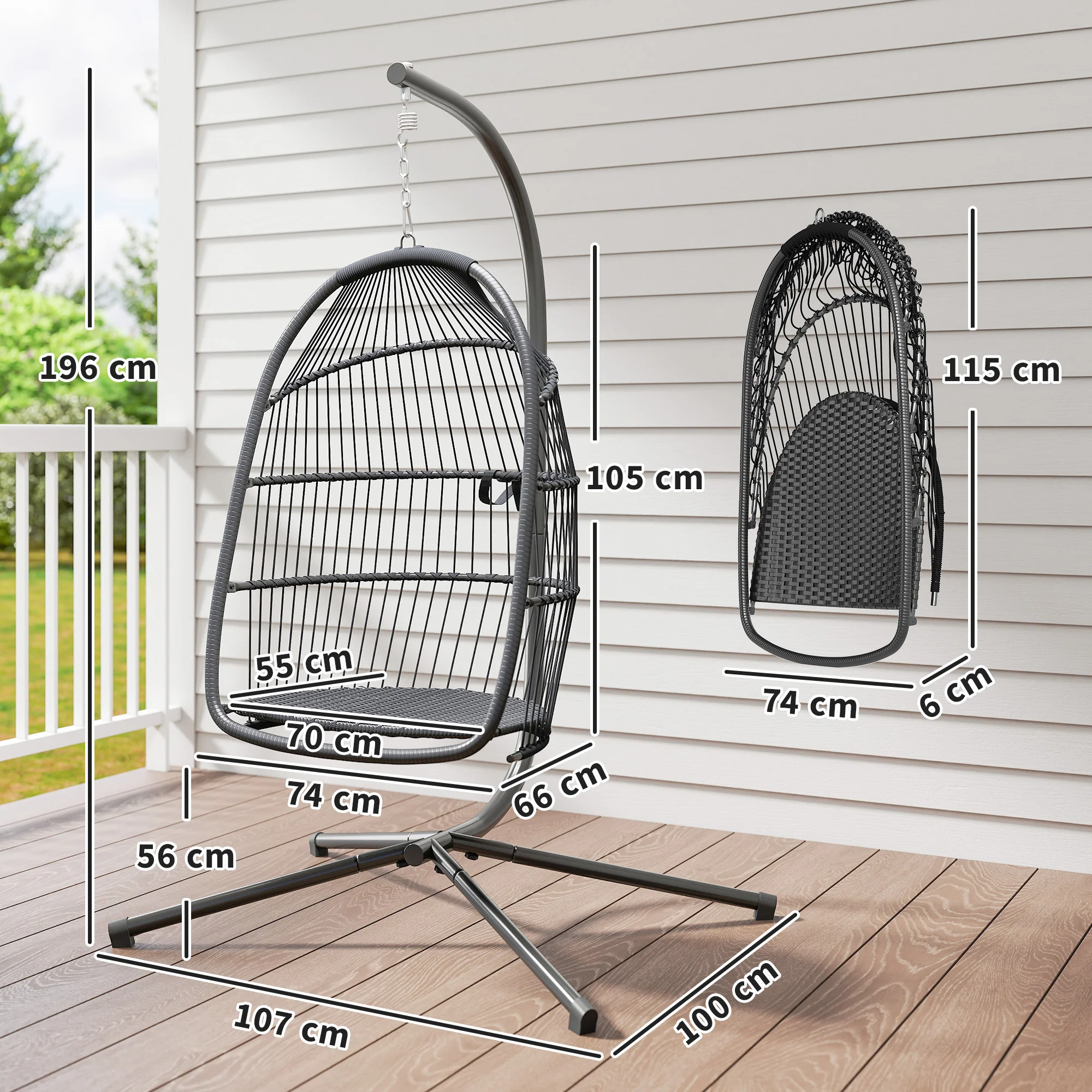Outsunny Rattan Hanging Egg Chair with Stand, Cushion, Dark Grey - Image 5