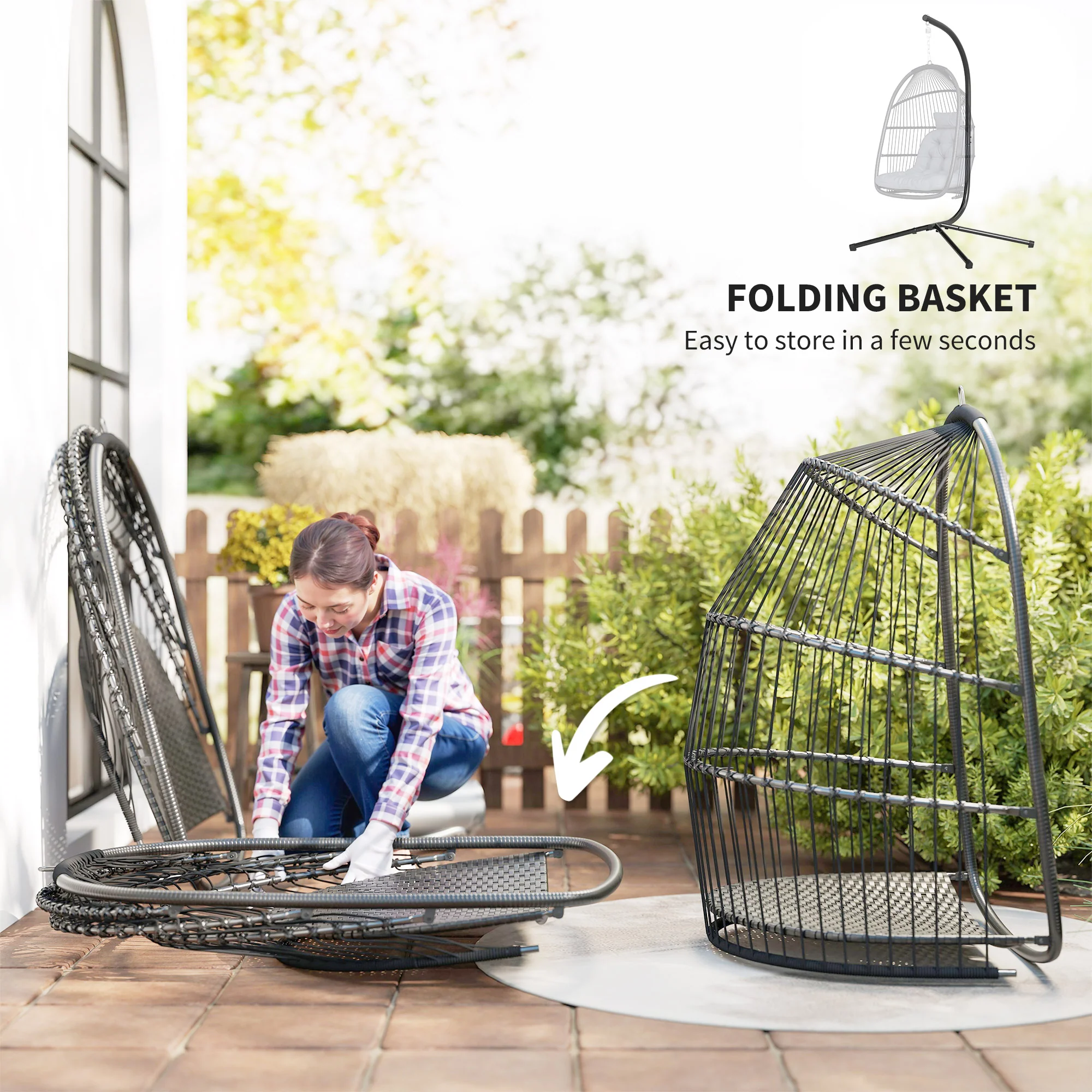 Outsunny Rattan Hanging Egg Chair with Stand, Cushion, Dark Grey - Image 6