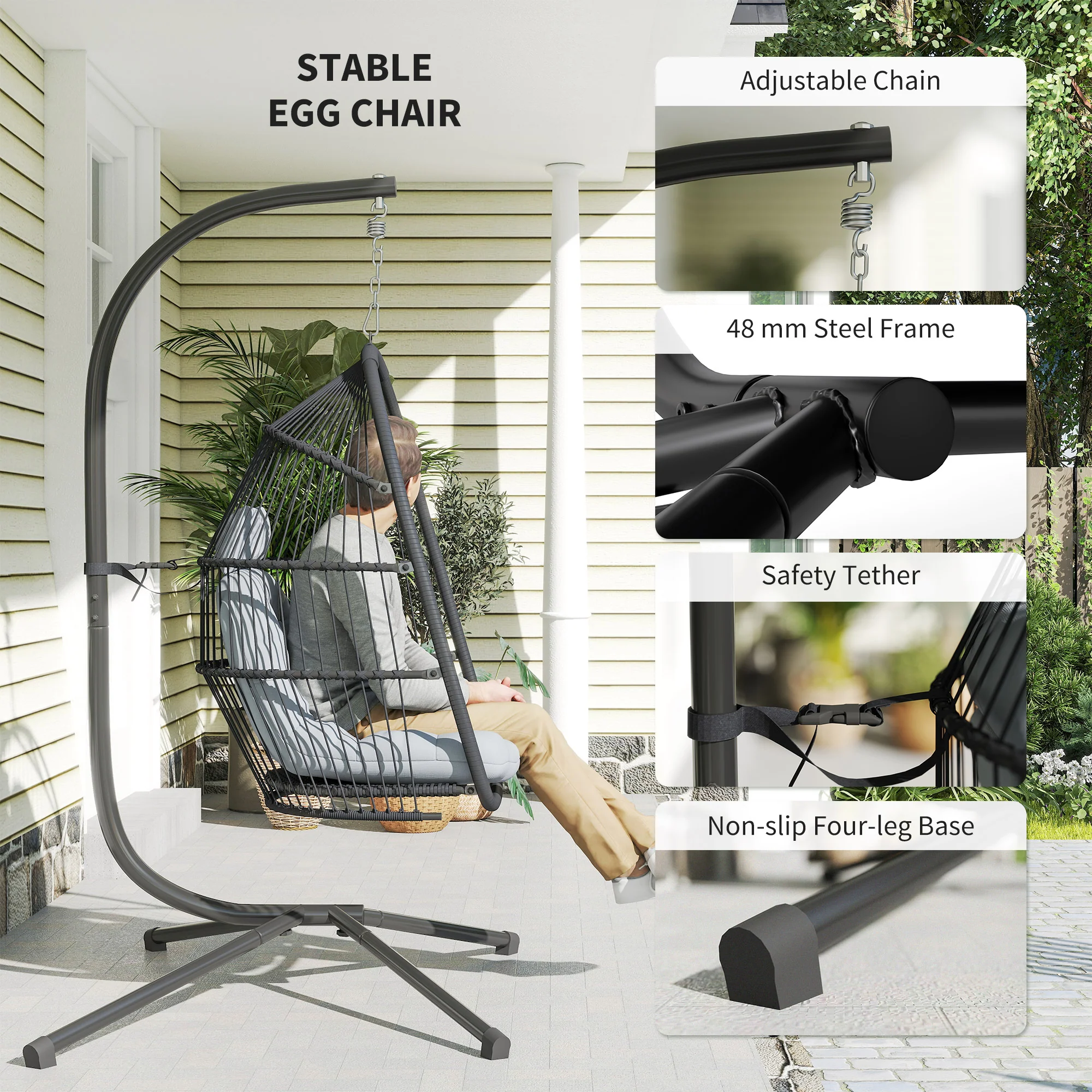 Outsunny Rattan Hanging Egg Chair with Stand, Cushion, Dark Grey - Image 7