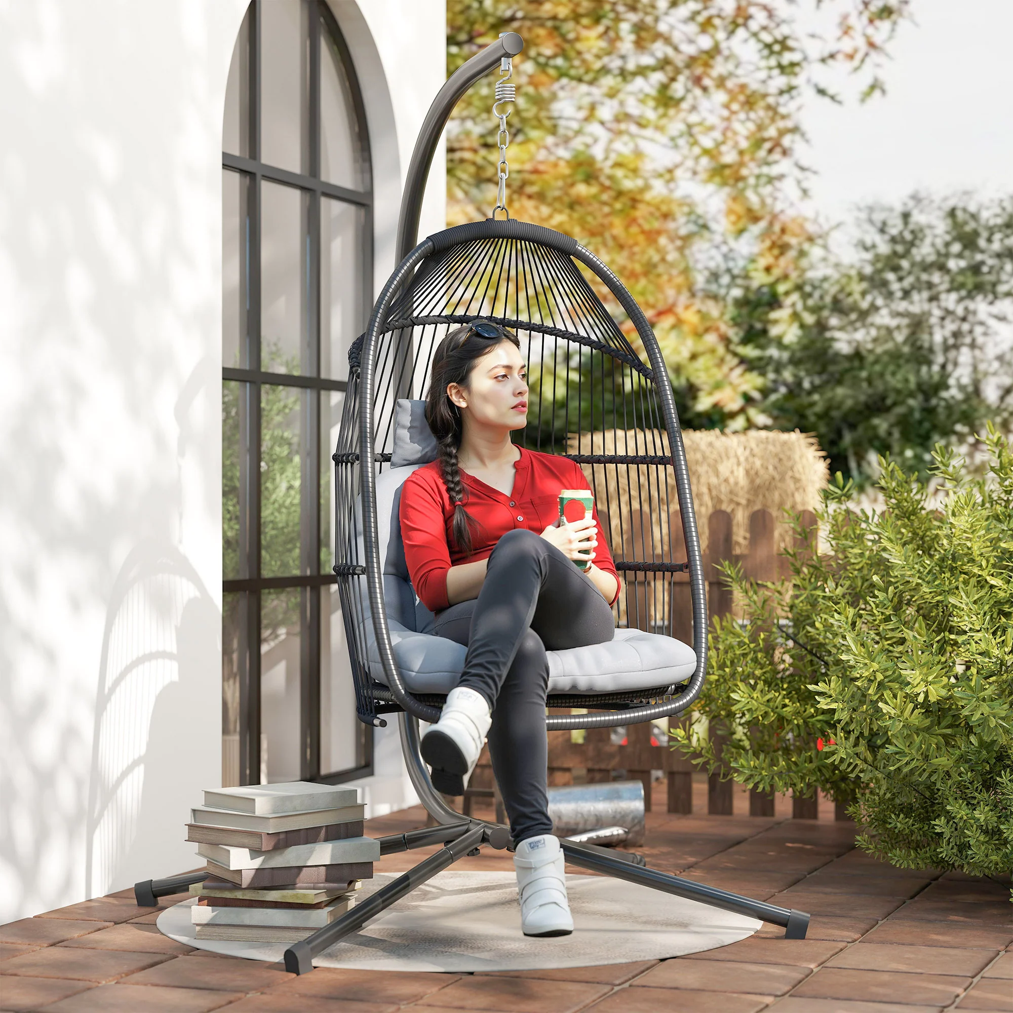 Outsunny Rattan Hanging Egg Chair with Stand, Cushion, Dark Grey - Image 8