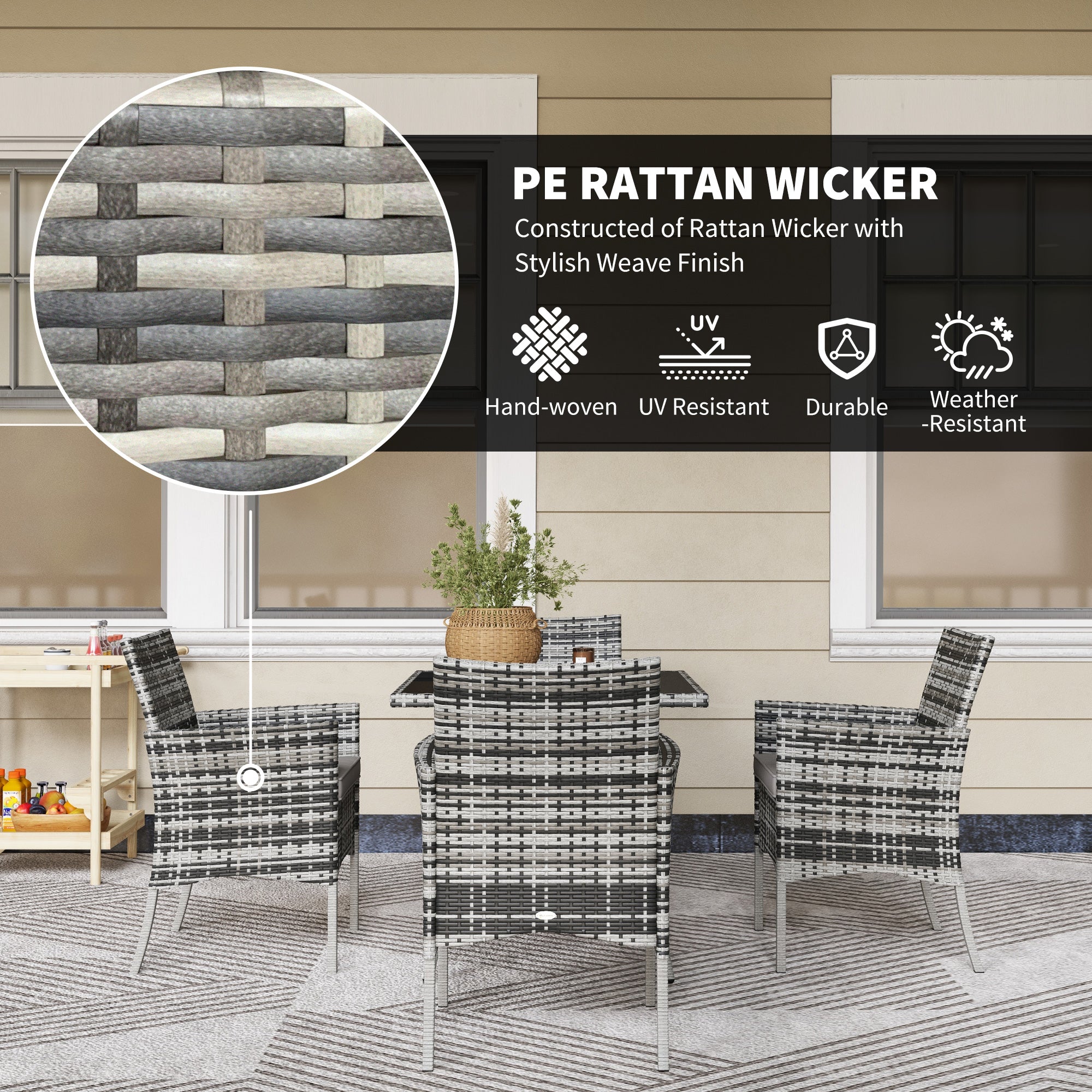 Outsunny Rattan Outdoor Dining Table and Chairs for 4 with Cushions, Grey - Image 3