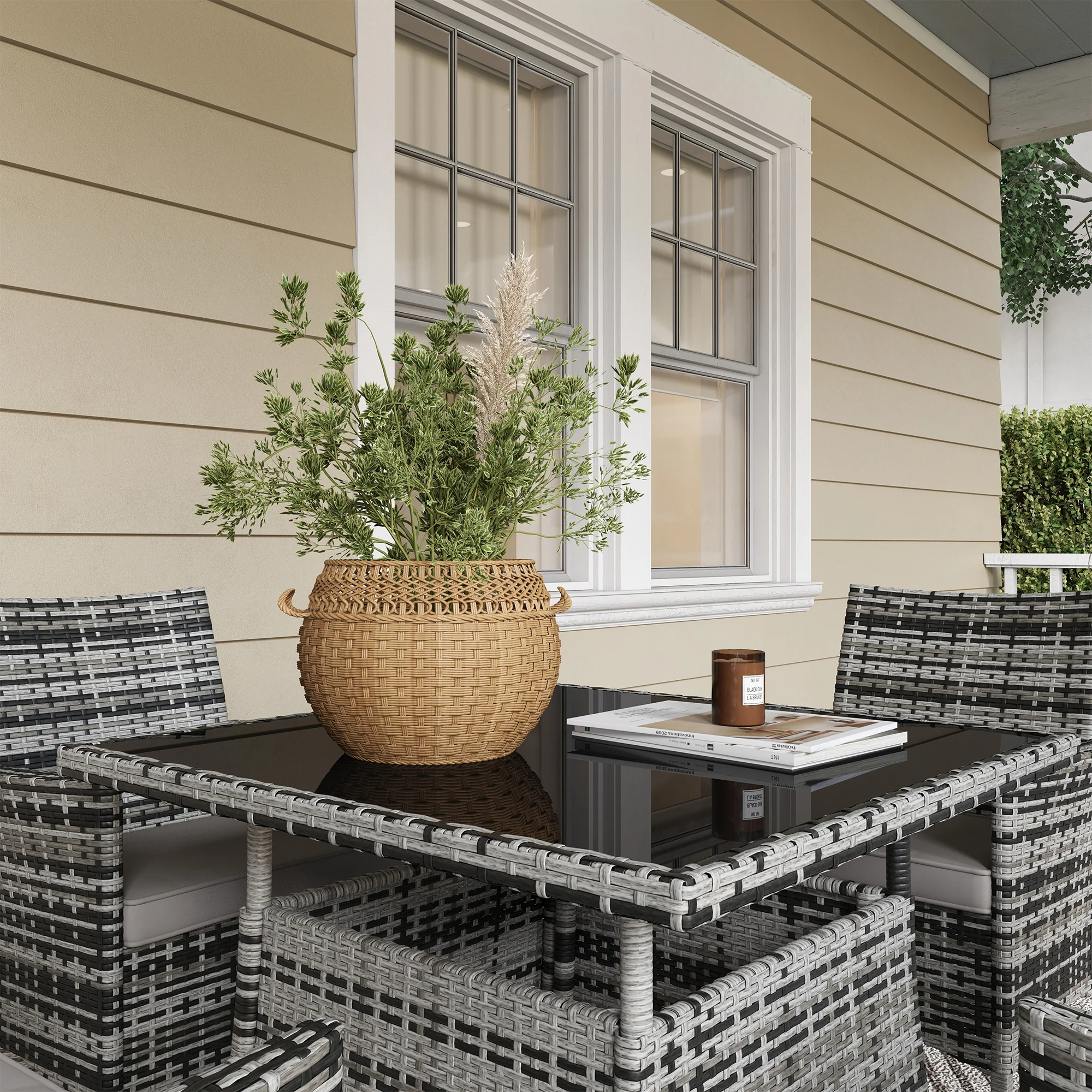 Outsunny Rattan Outdoor Dining Table and Chairs for 4 with Cushions, Grey - Image 7