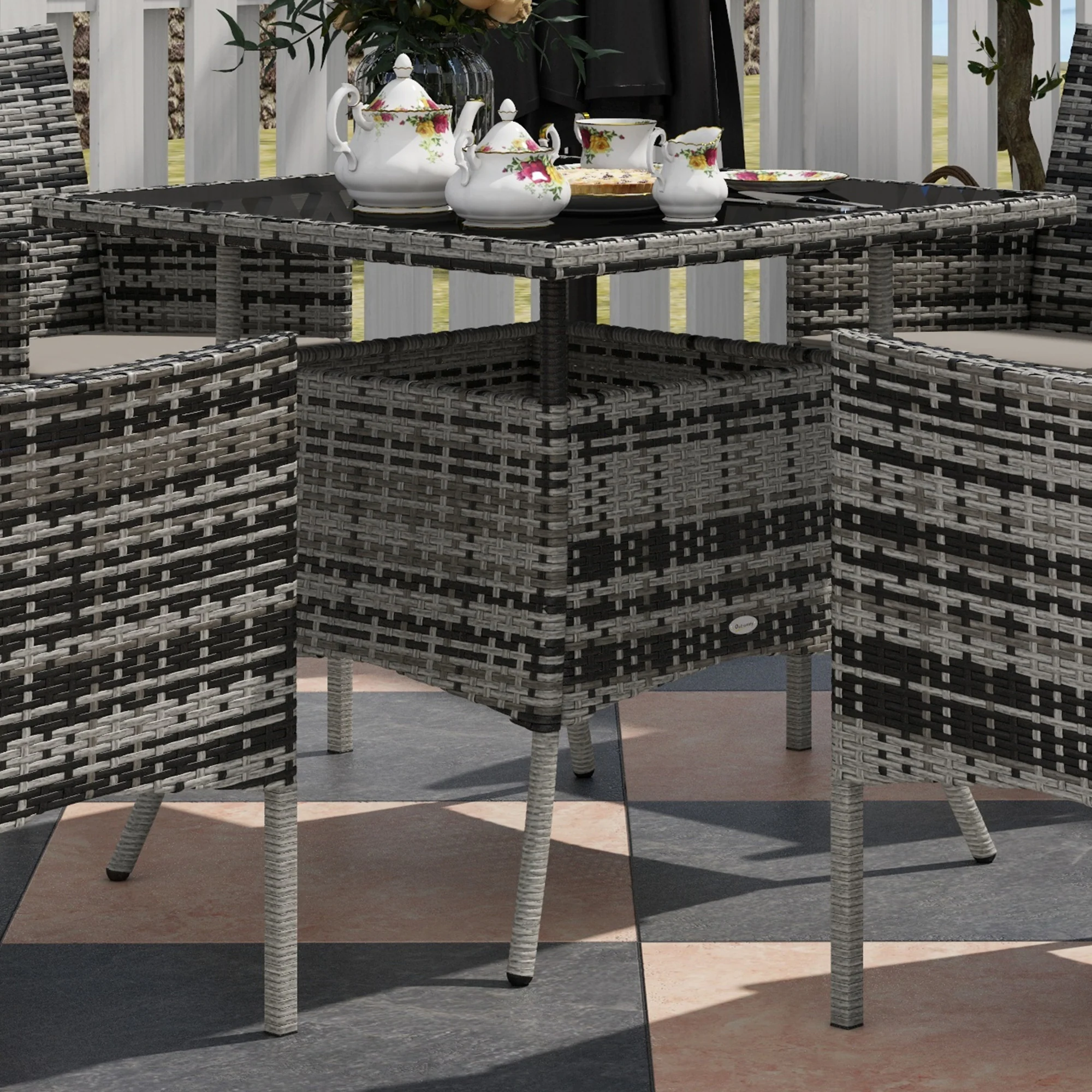 Outsunny Rattan Outdoor Dining Table and Chairs for 4 with Cushions, Grey - Image 8