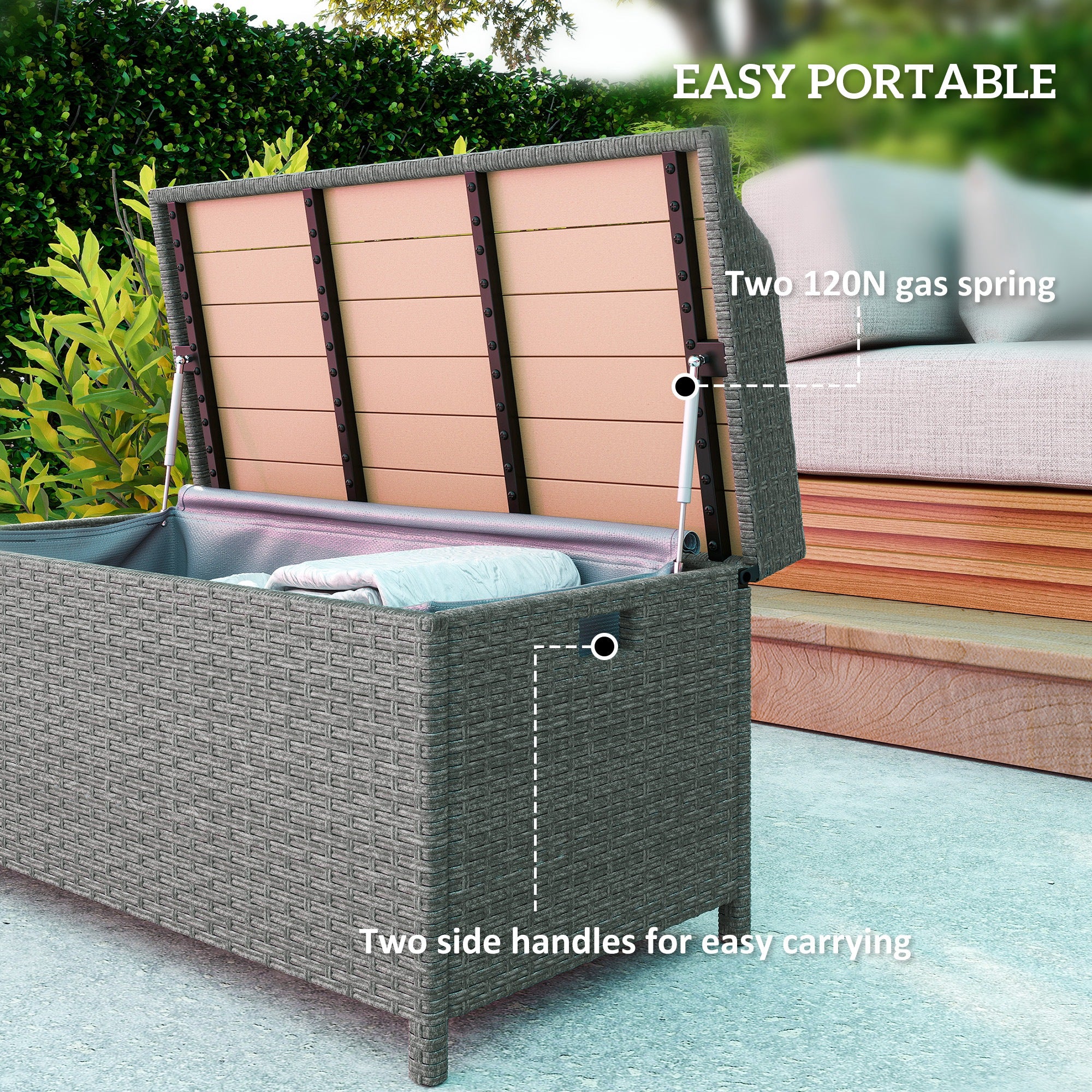 Outsunny Rattan Outdoor Storage Bench with Aluminium Frame, Grey - Image 4