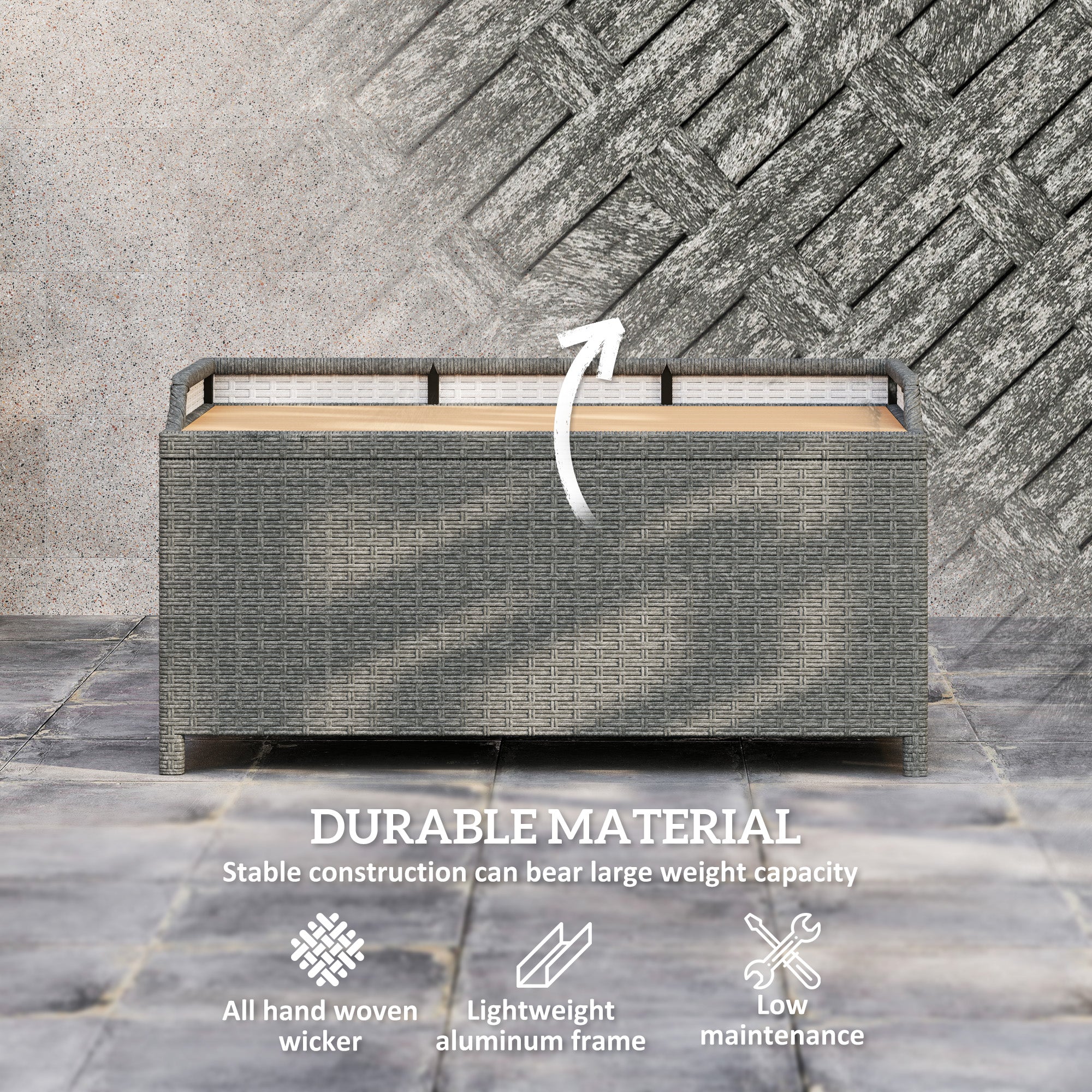 Outsunny Rattan Outdoor Storage Bench with Aluminium Frame, Grey - Image 6