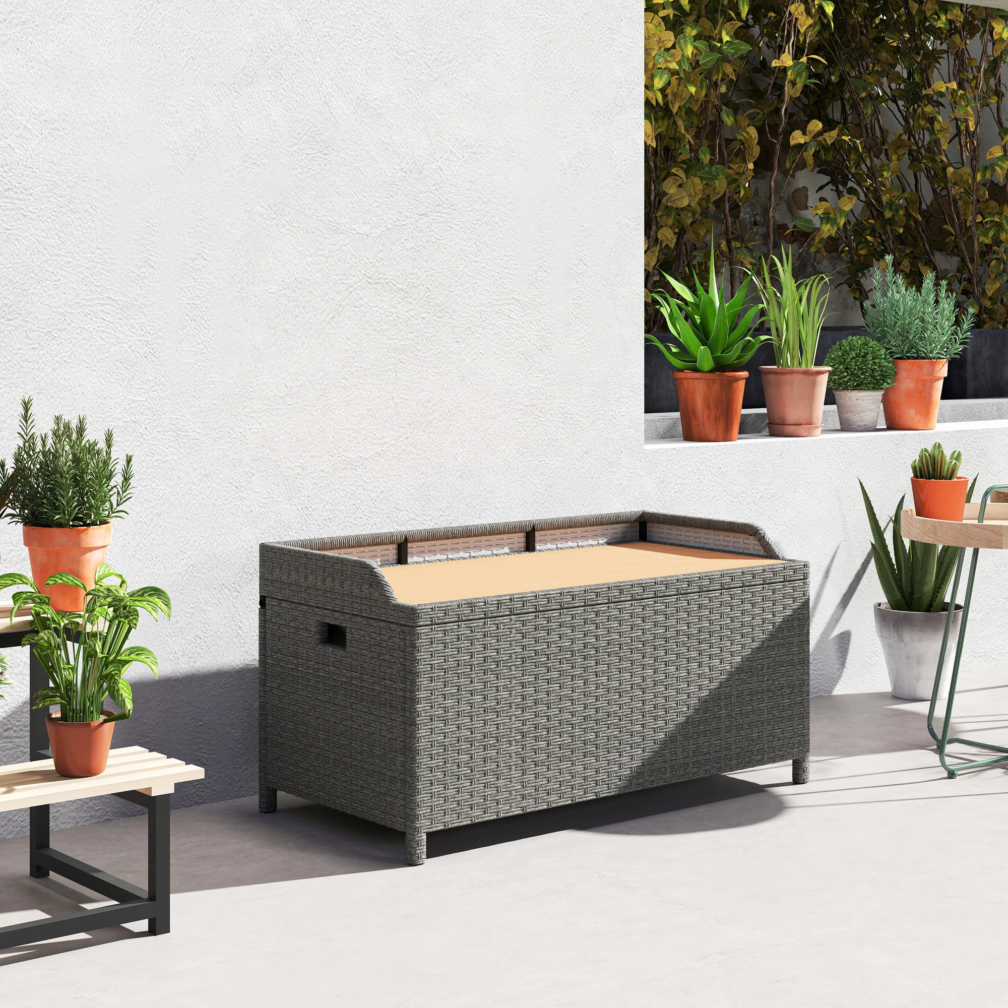 Outsunny Rattan Outdoor Storage Bench with Aluminium Frame, Grey - Image 9