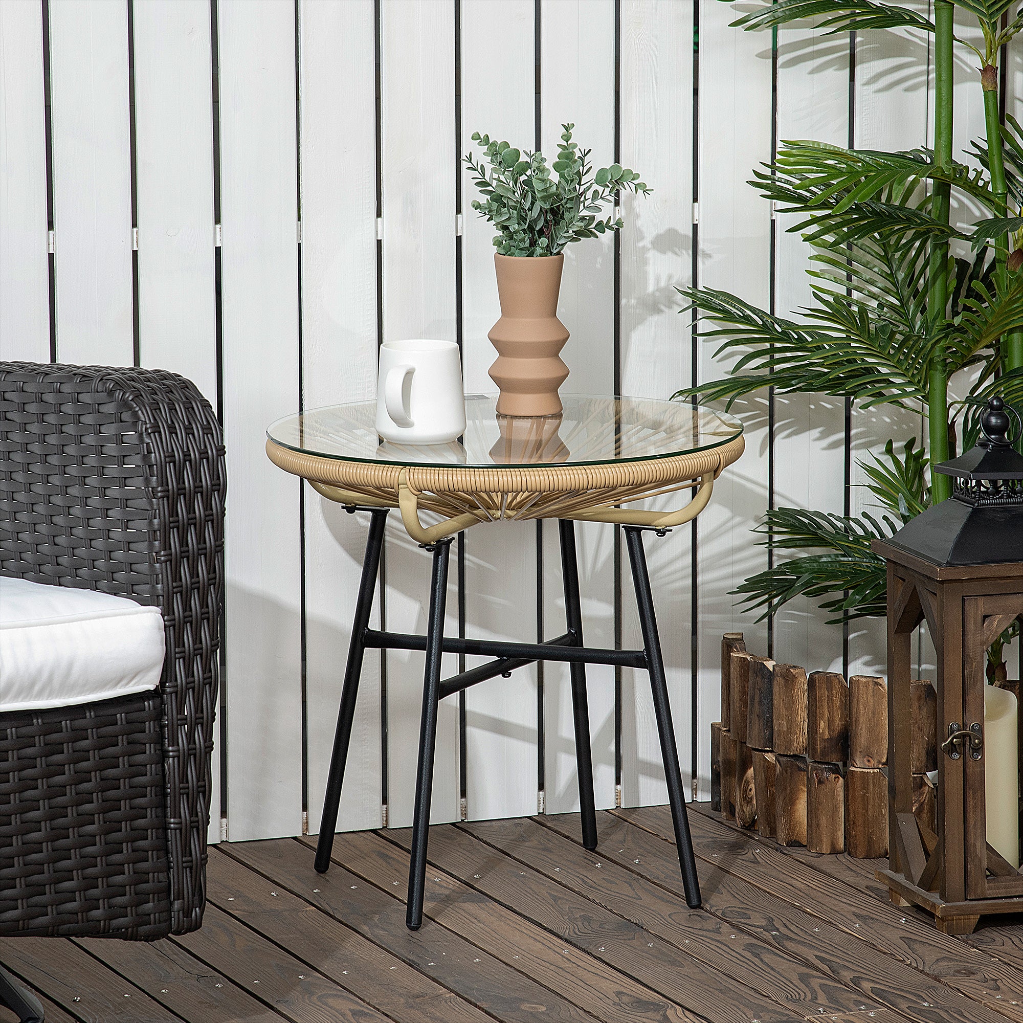 Outsunny Rattan Side Table W/ Tempered Glass Tabletop, Black - Image 2