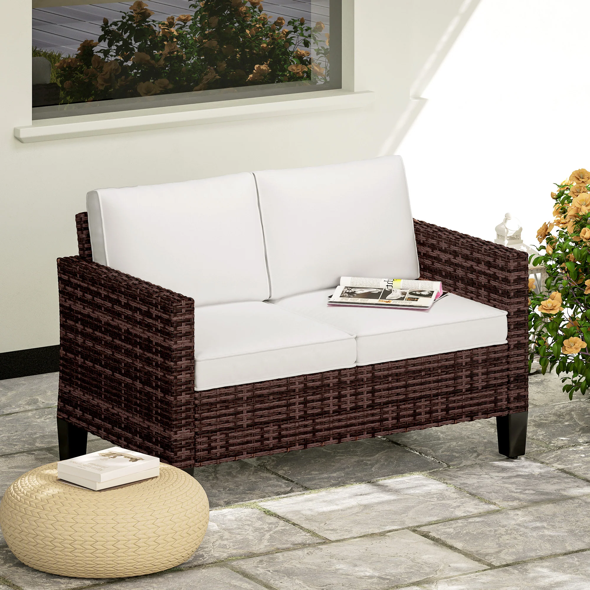 Outsunny Rattan Sofa With Cushions, 2 Seater Garden Furniture - Image 11