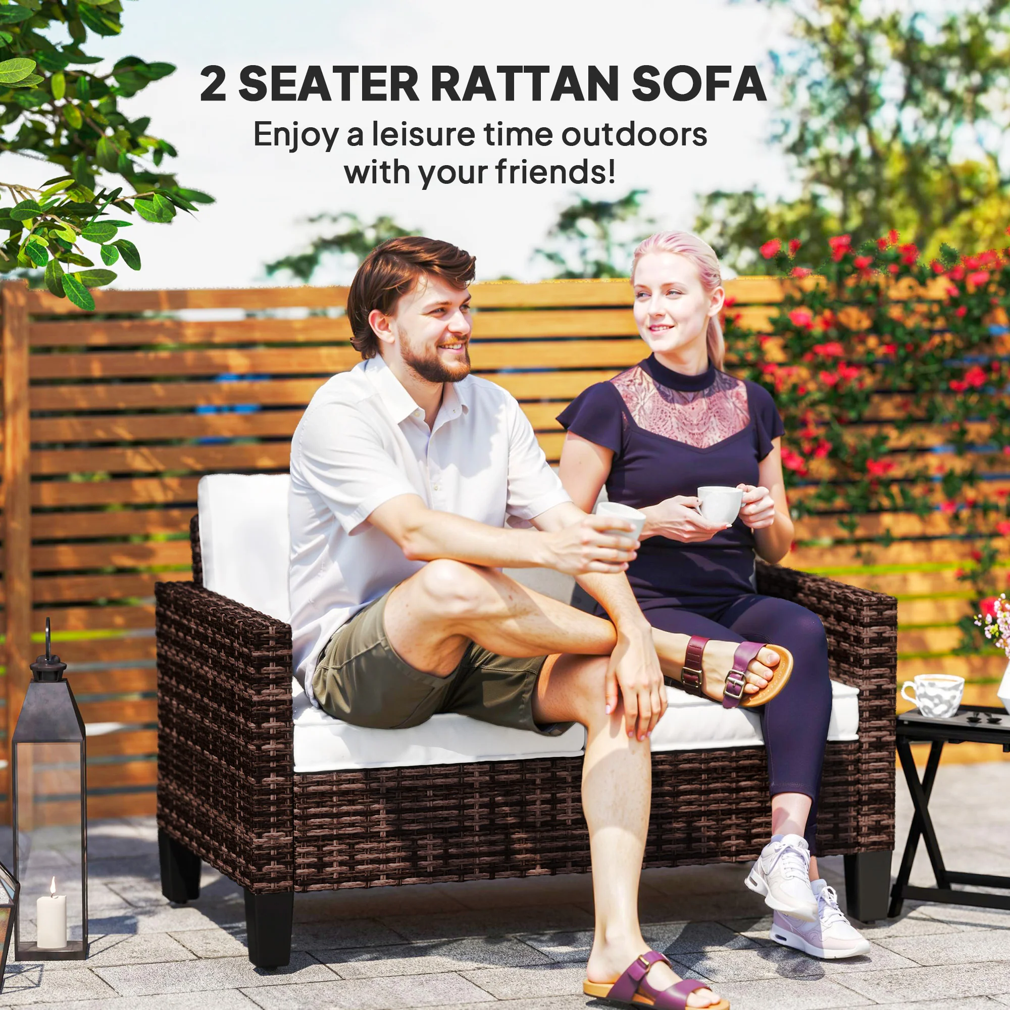 Outsunny Rattan Sofa With Cushions, 2 Seater Garden Furniture - Image 12