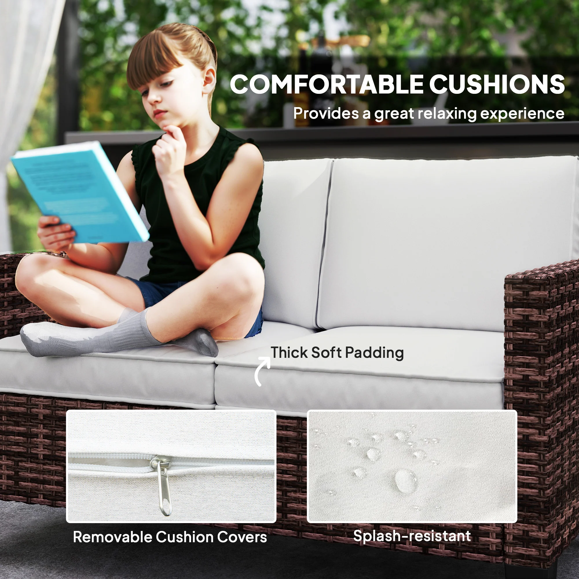 Outsunny Rattan Sofa With Cushions, 2 Seater Garden Furniture - Image 15