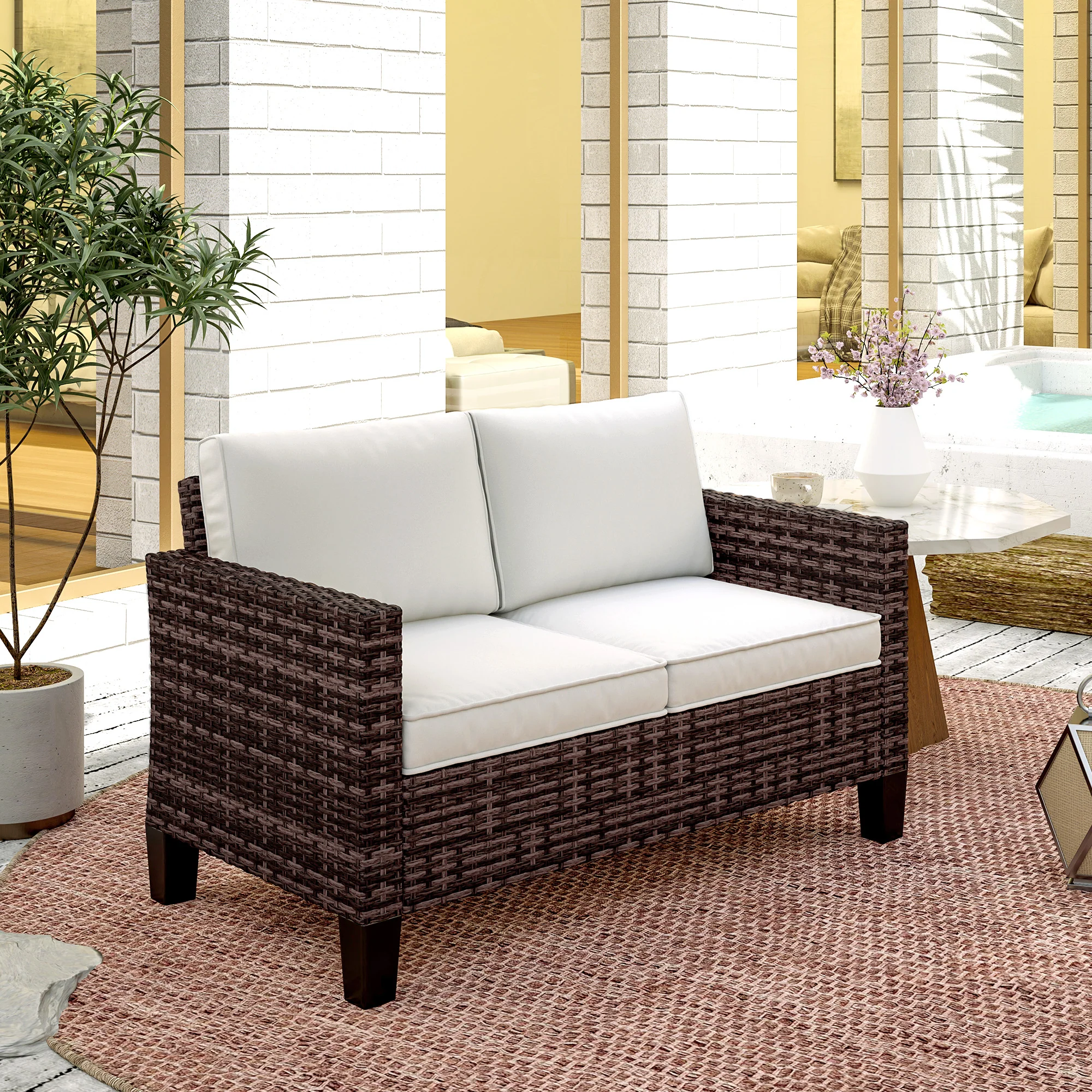 Outsunny Rattan Sofa With Cushions, 2 Seater Garden Furniture - Image 17