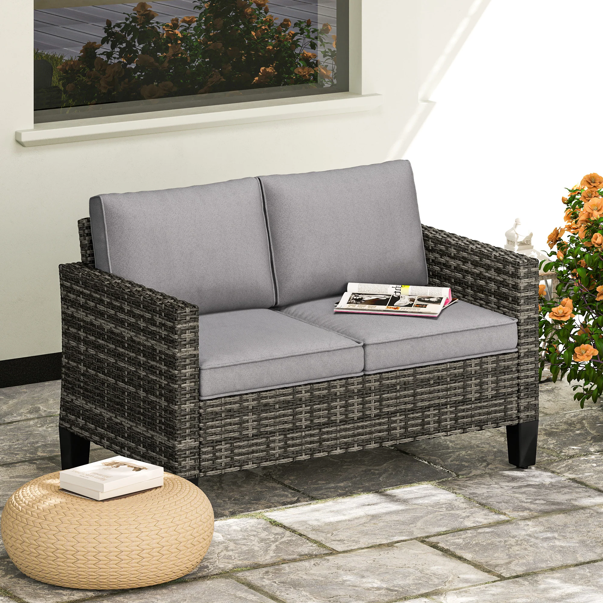 Outsunny Rattan Sofa With Cushions, 2 Seater Garden Furniture - Image 20