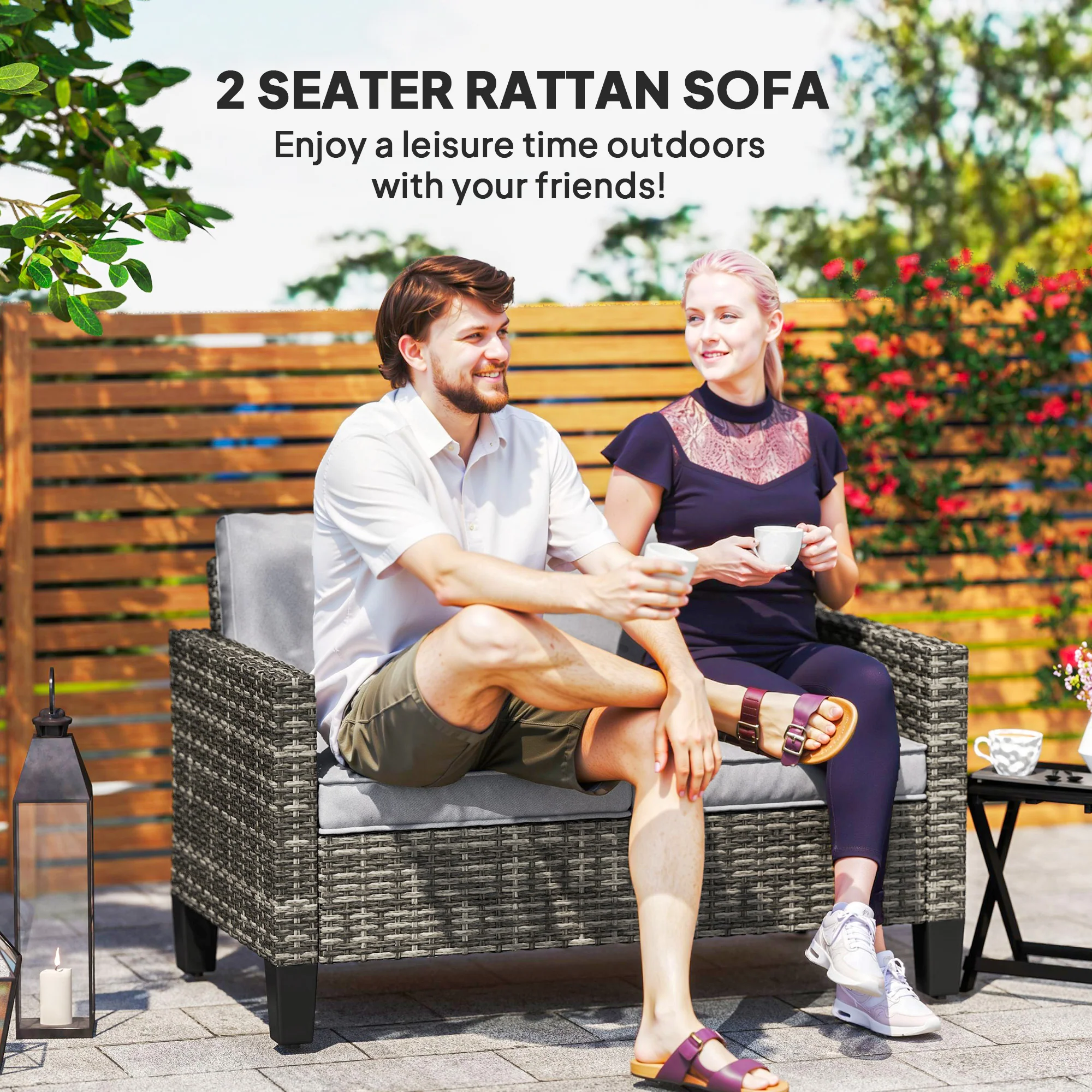 Outsunny Rattan Sofa With Cushions, 2 Seater Garden Furniture - Image 21
