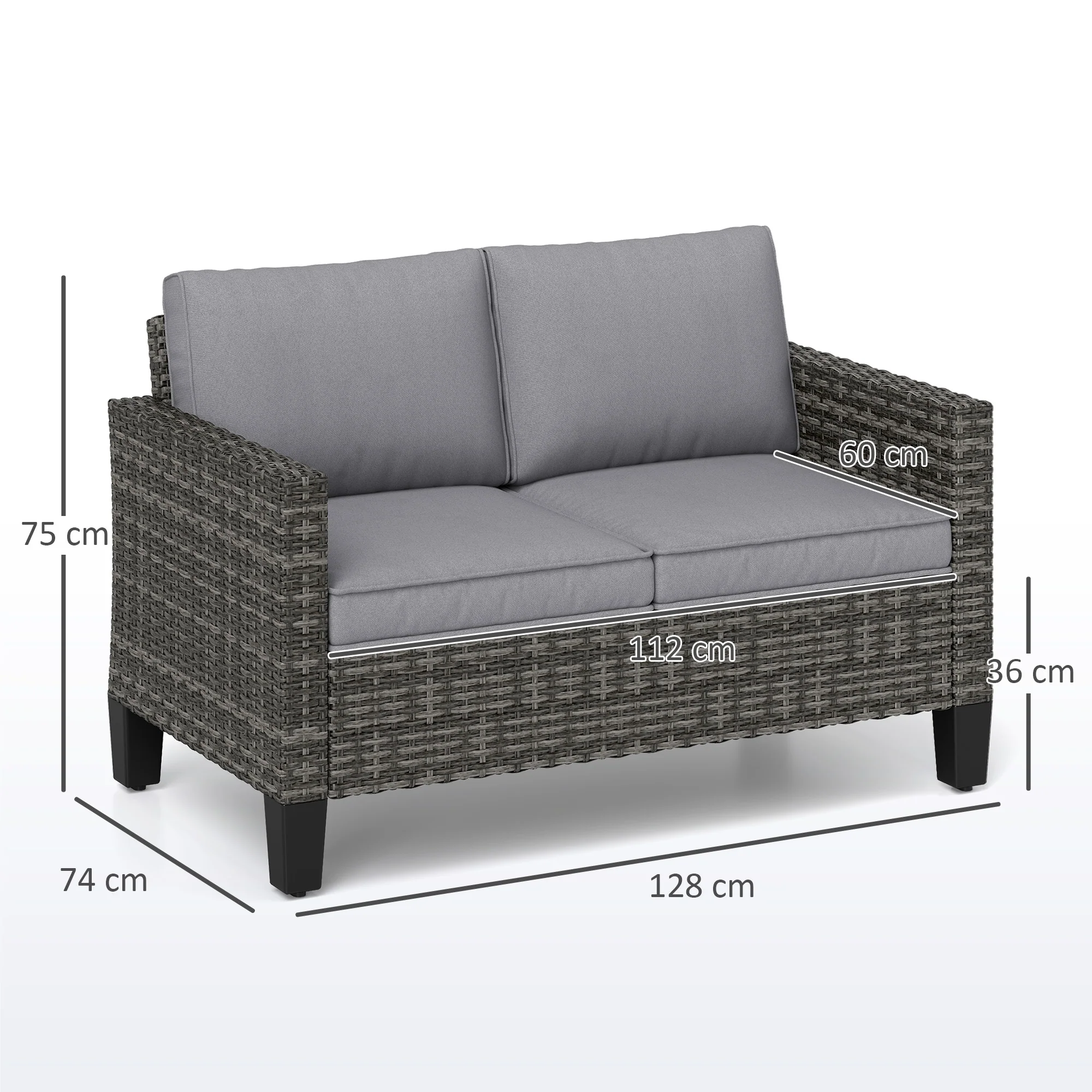 Outsunny Rattan Sofa With Cushions, 2 Seater Garden Furniture - Image 23