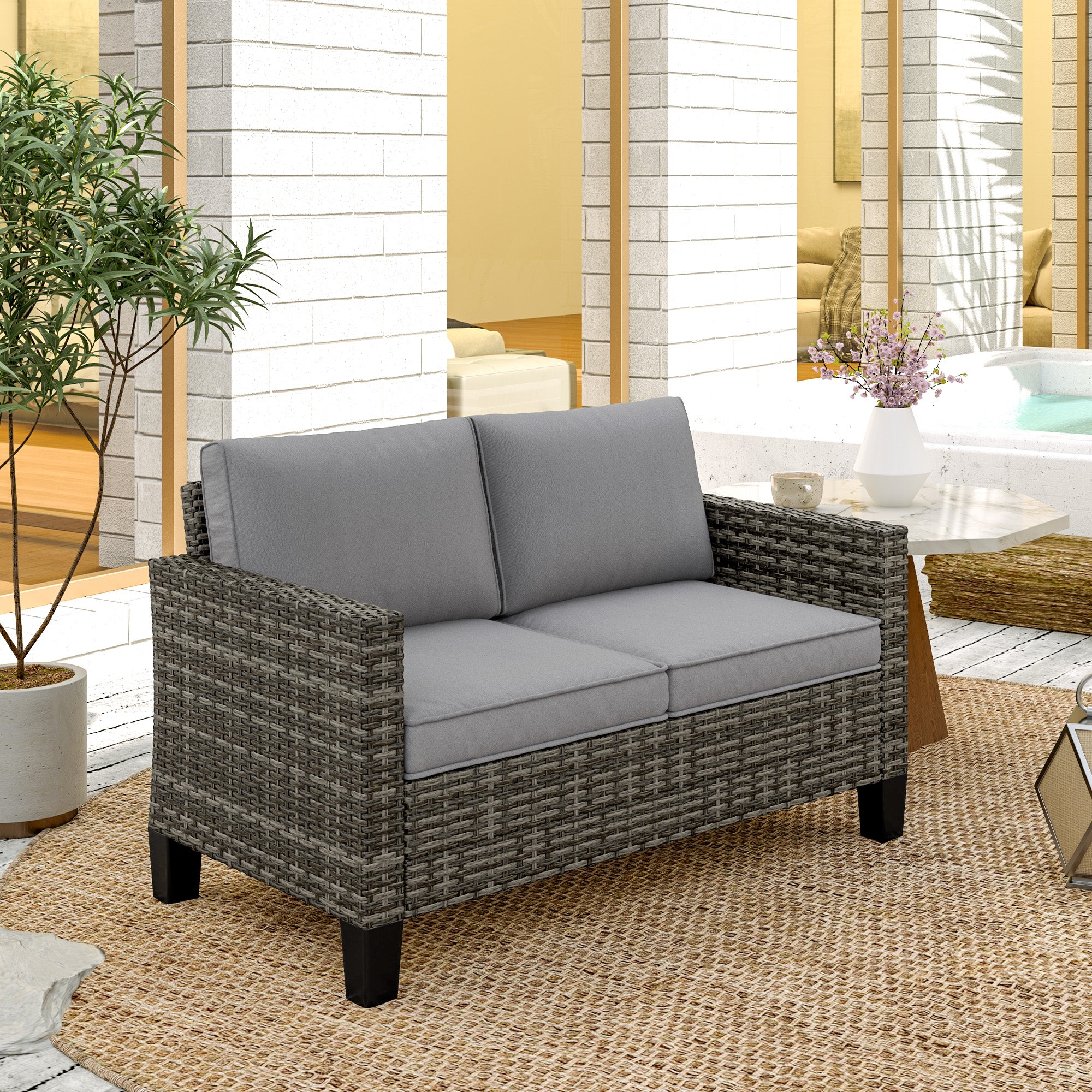 Outsunny Rattan Sofa With Cushions, 2 Seater Garden Furniture - Image 26