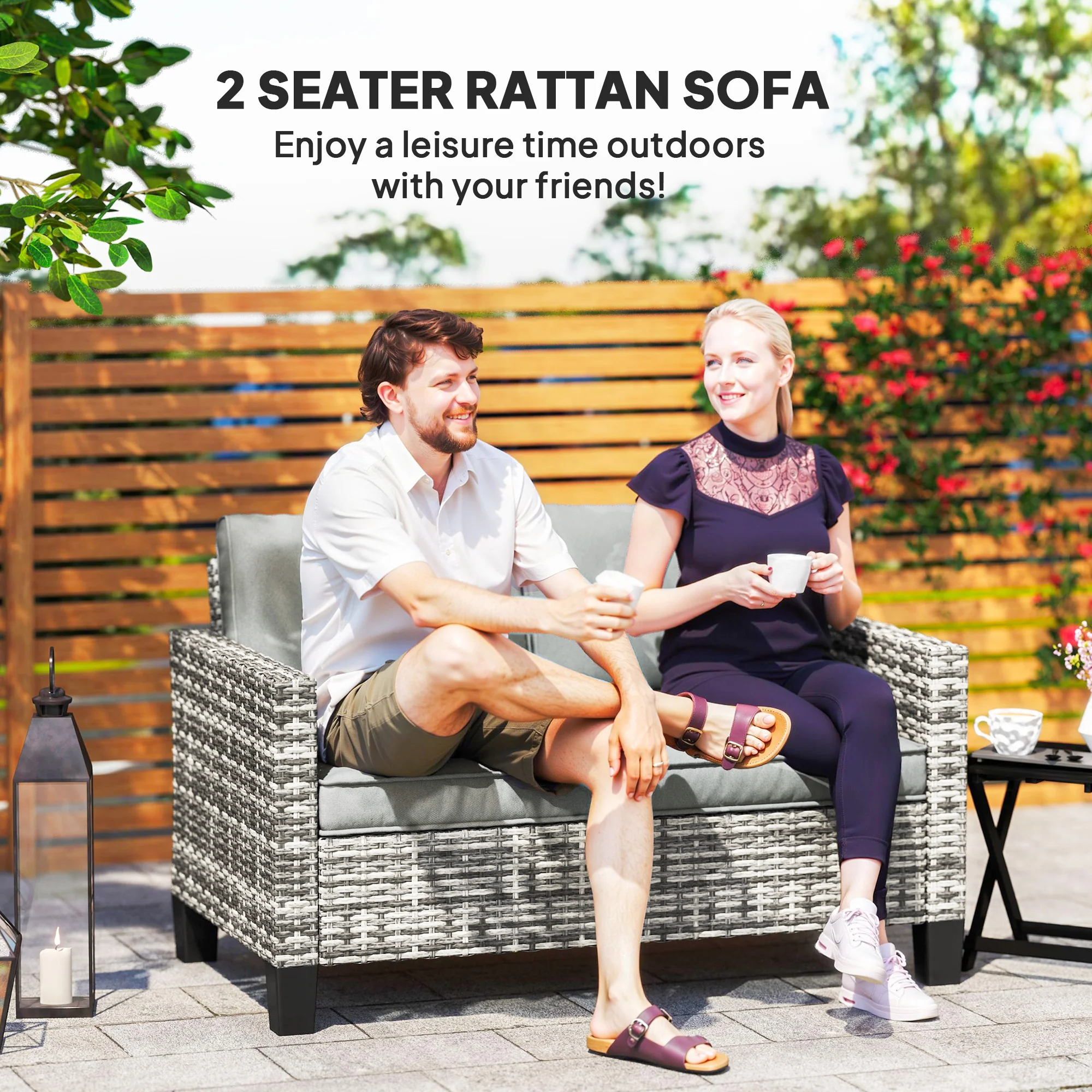 Outsunny Rattan Sofa With Cushions, 2 Seater Garden Furniture - Image 3