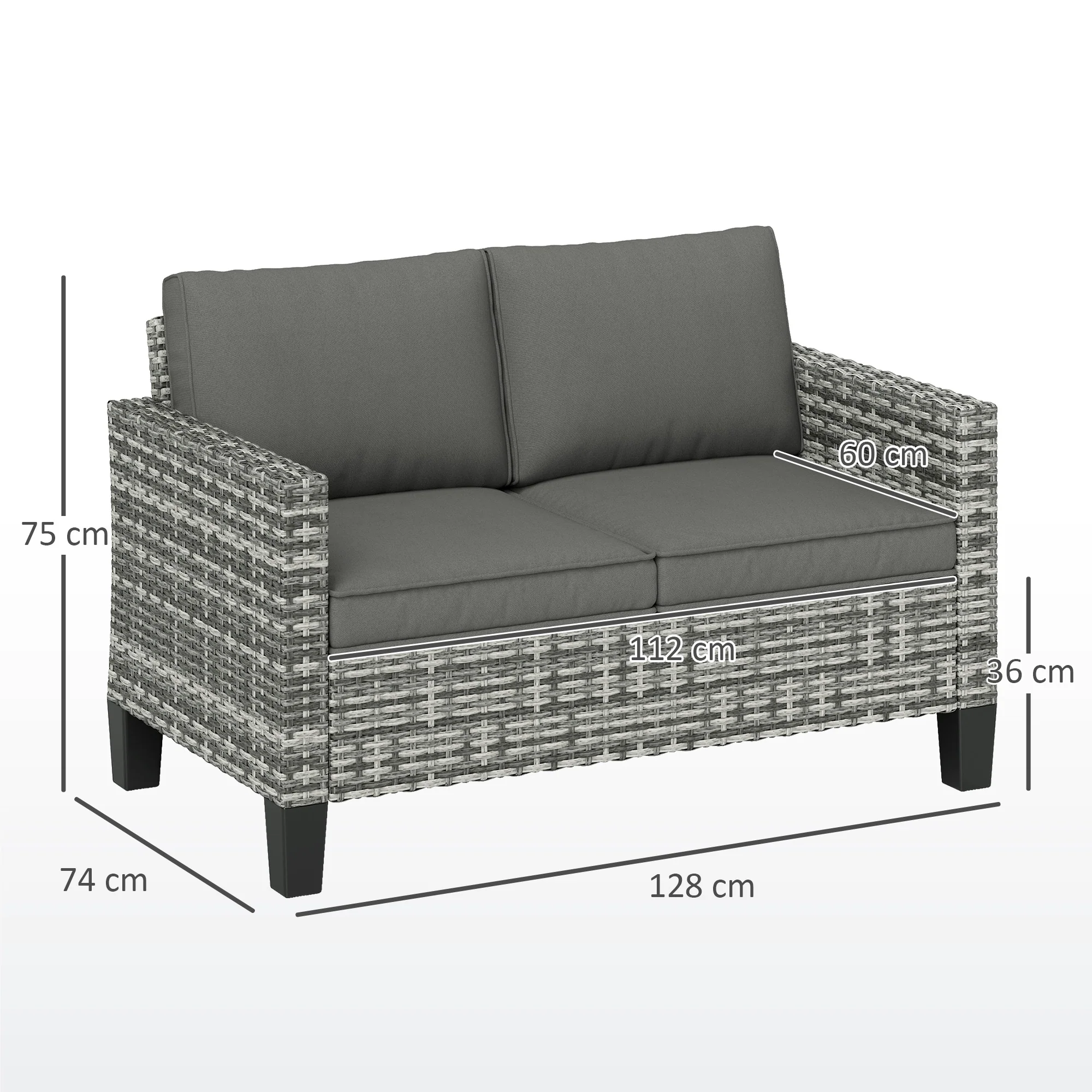 Outsunny Rattan Sofa With Cushions, 2 Seater Garden Furniture - Image 5