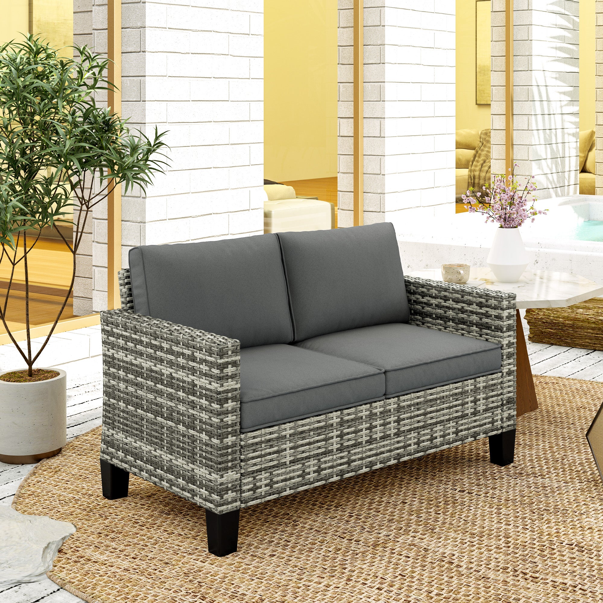 Outsunny Rattan Sofa With Cushions, 2 Seater Garden Furniture - Image 8