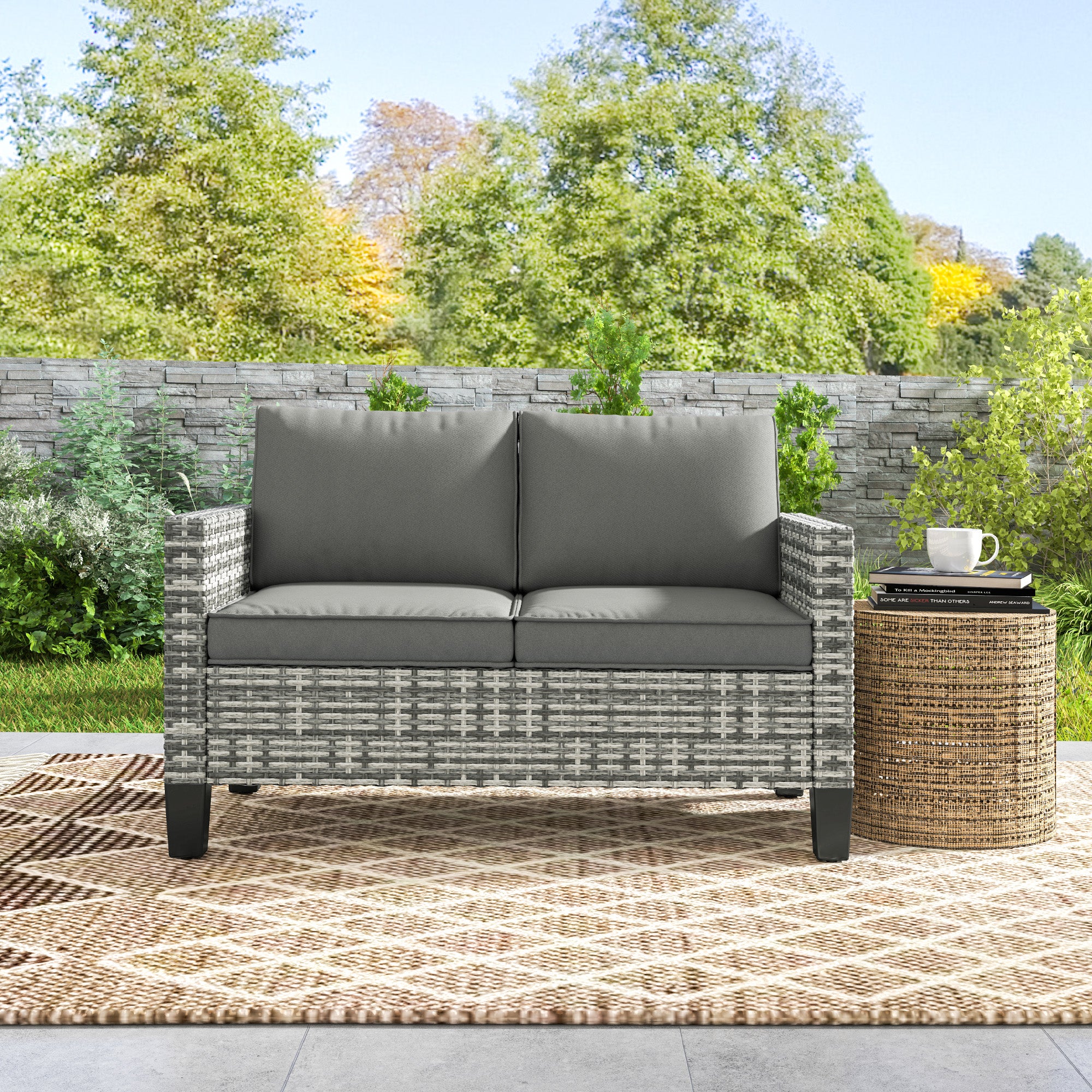 Outsunny Rattan Sofa With Cushions, 2 Seater Garden Furniture - Image 9