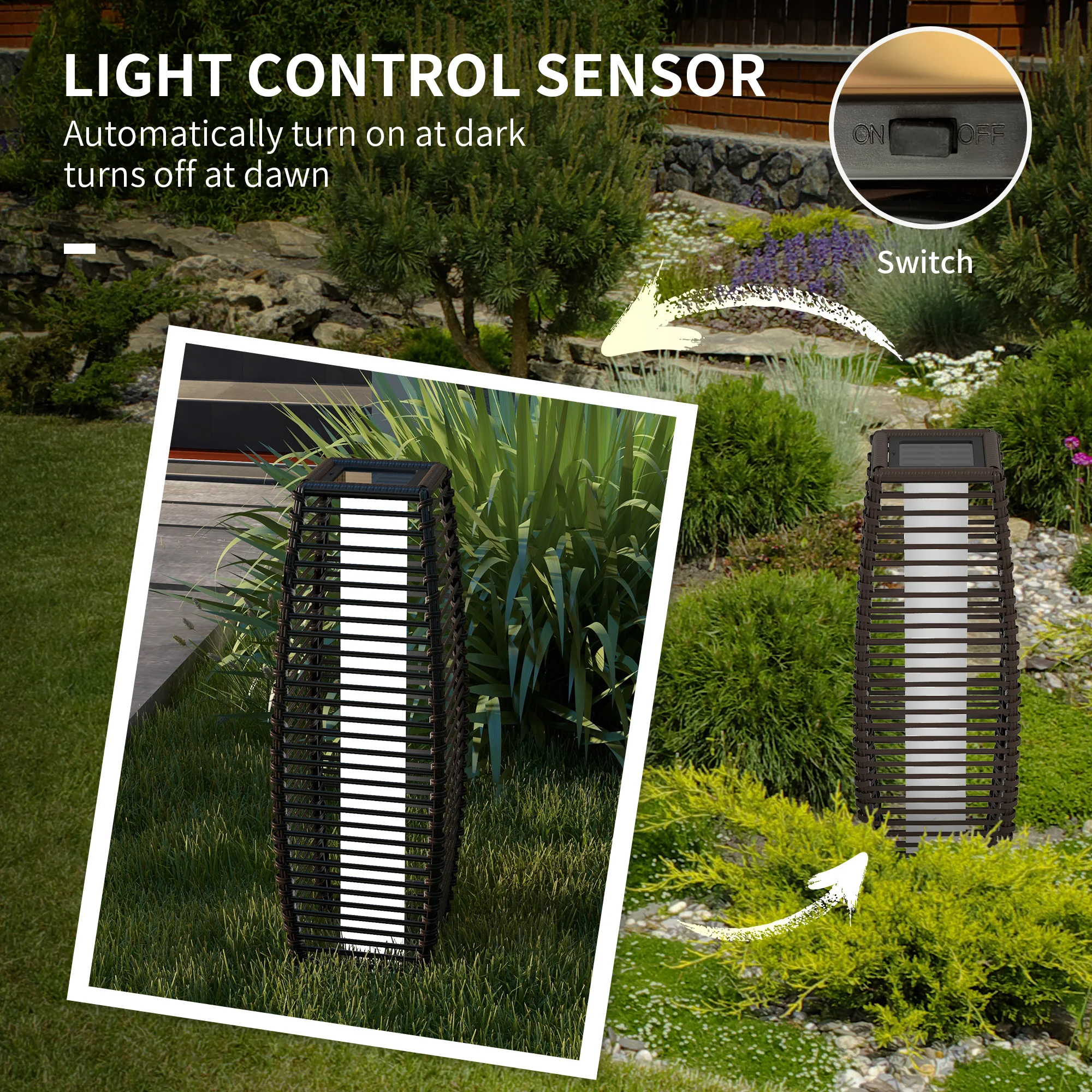 Outsunny Rattan Solar Floor Lamp W/ Auto On/Off LED Light For Porch, Yard - Image 6