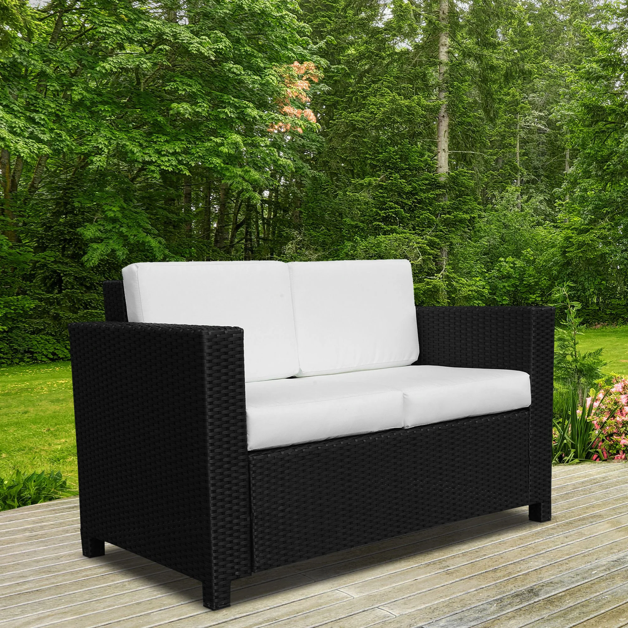 Outsunny Rattan Wicker 2-seat Sofa Loveseat Padded Garden Furniture Black - Image 2